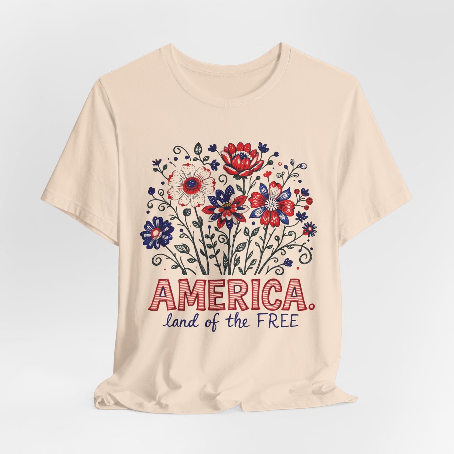 Patriotic Floral Tee — "America, Land of the Free"