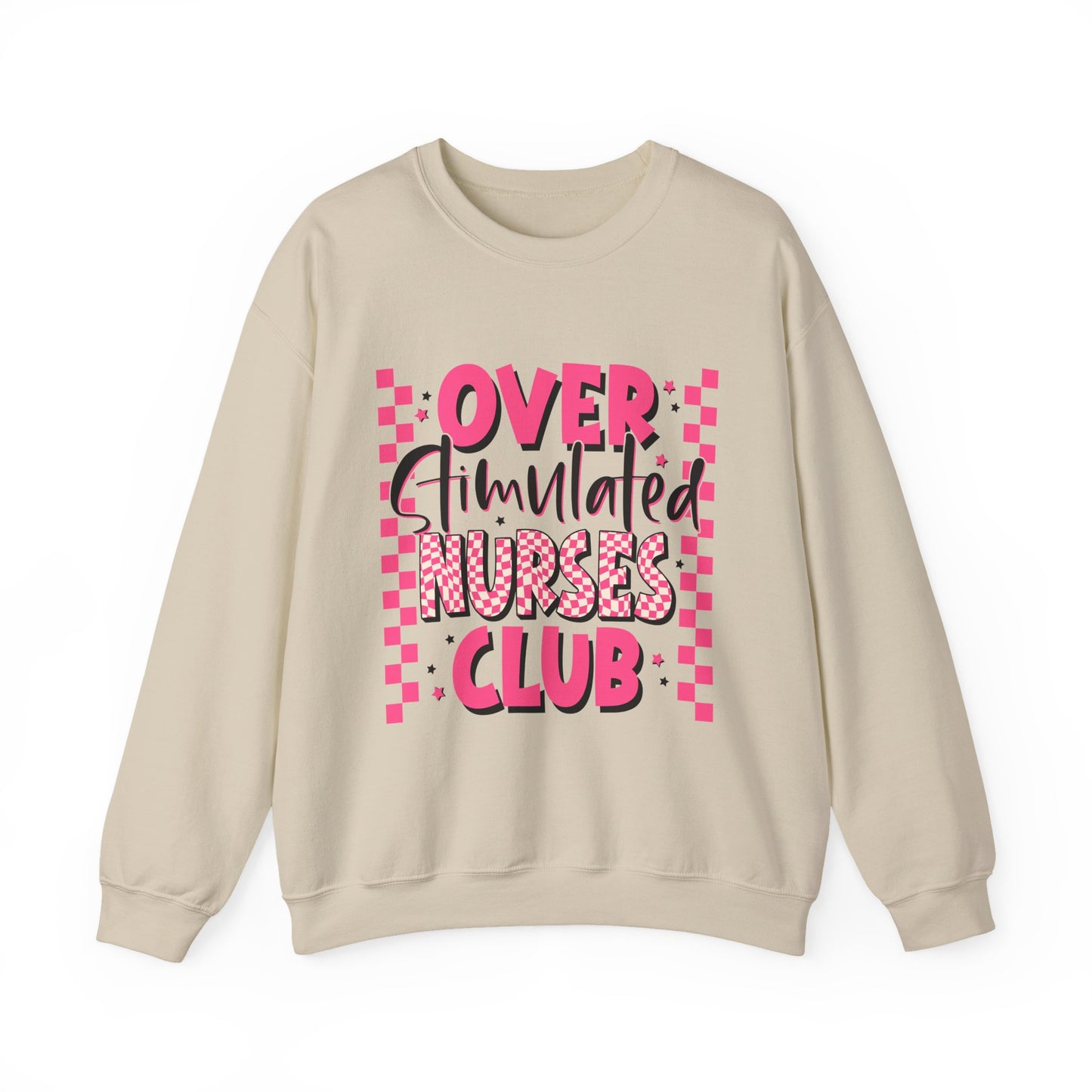 Crewneck Sweatshirt — "Overstimulated Nurses Club" Pink Checker Graphic