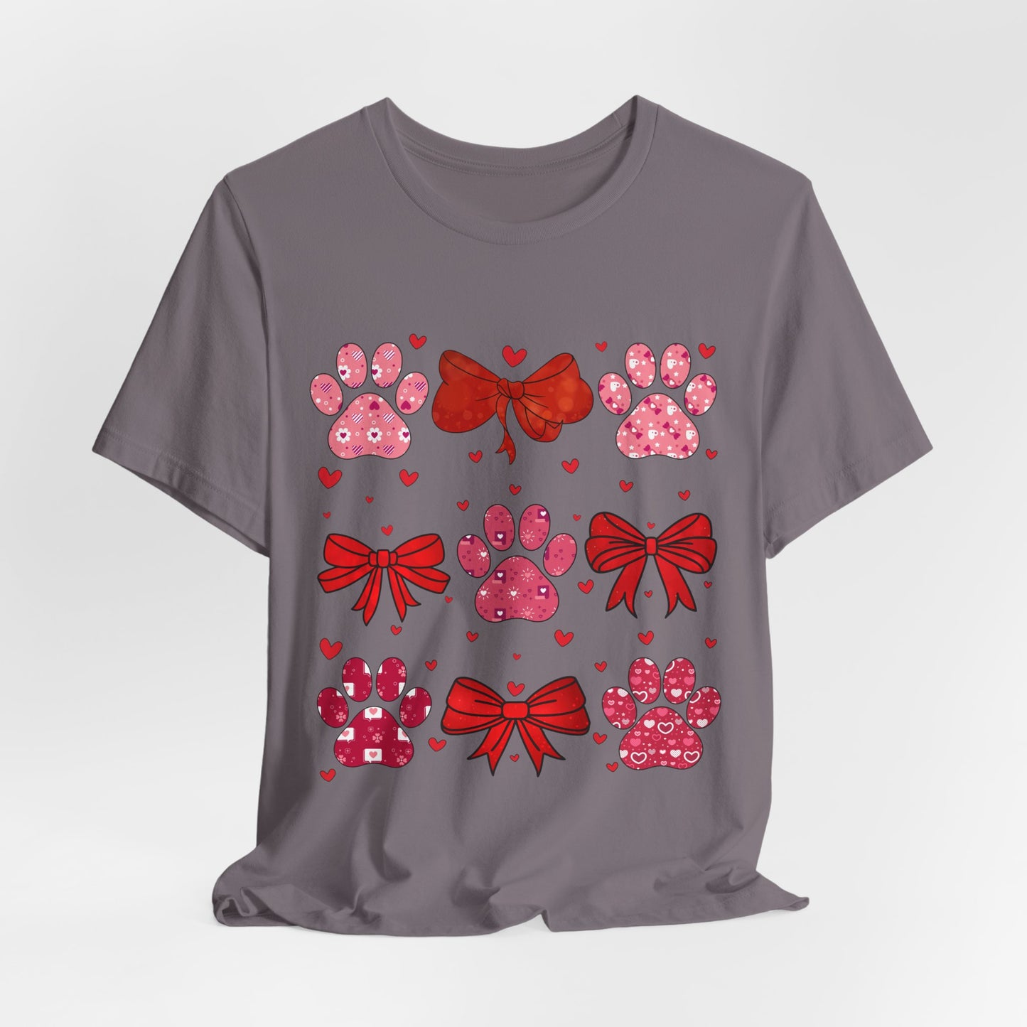 Valentine Paw Prints T‑Shirt — Cute Red Bows & Hearts Pet Lover Tee