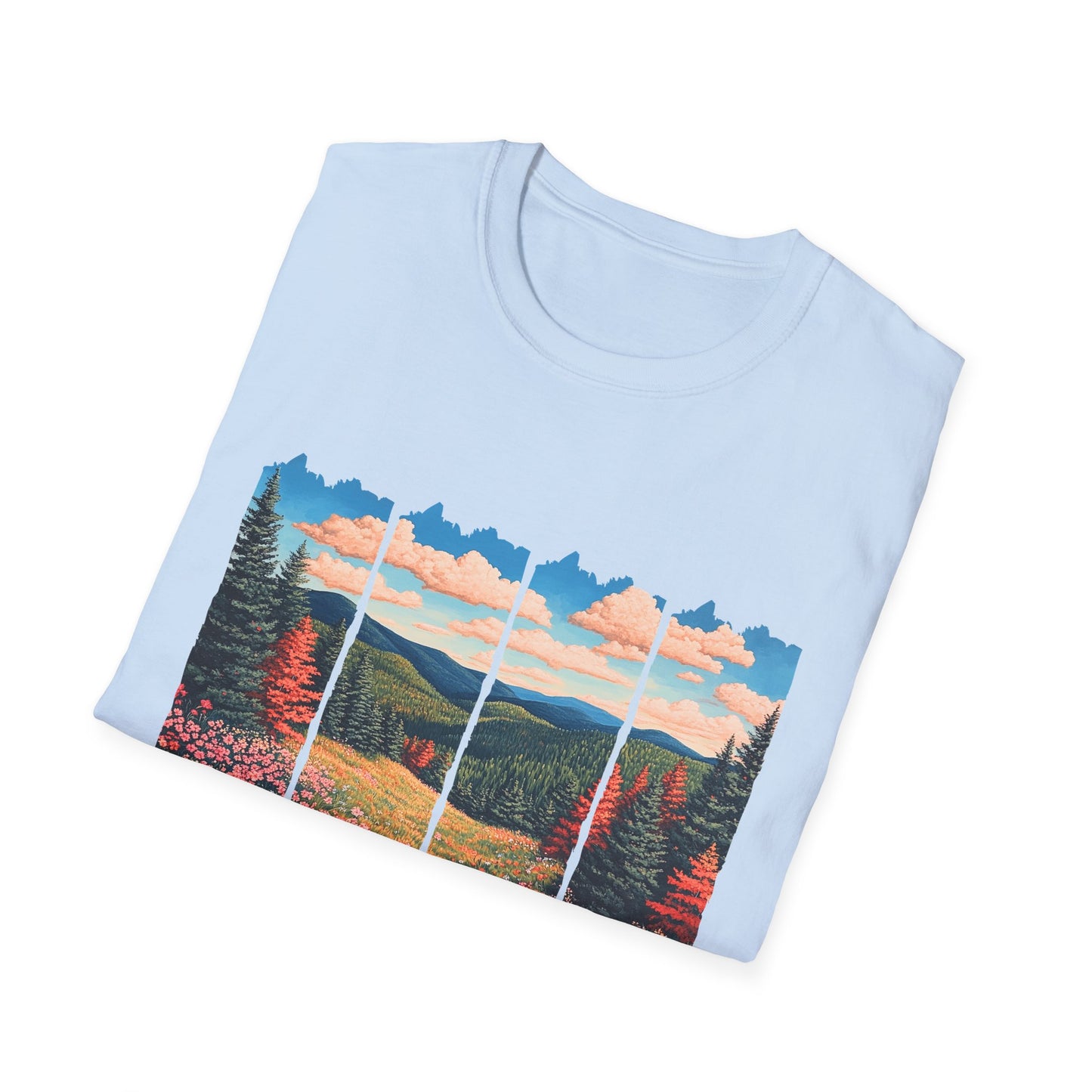 Scenic Meadow Sunrise T-Shirt — Vintage Window Pane Mountain Landscape Tee
