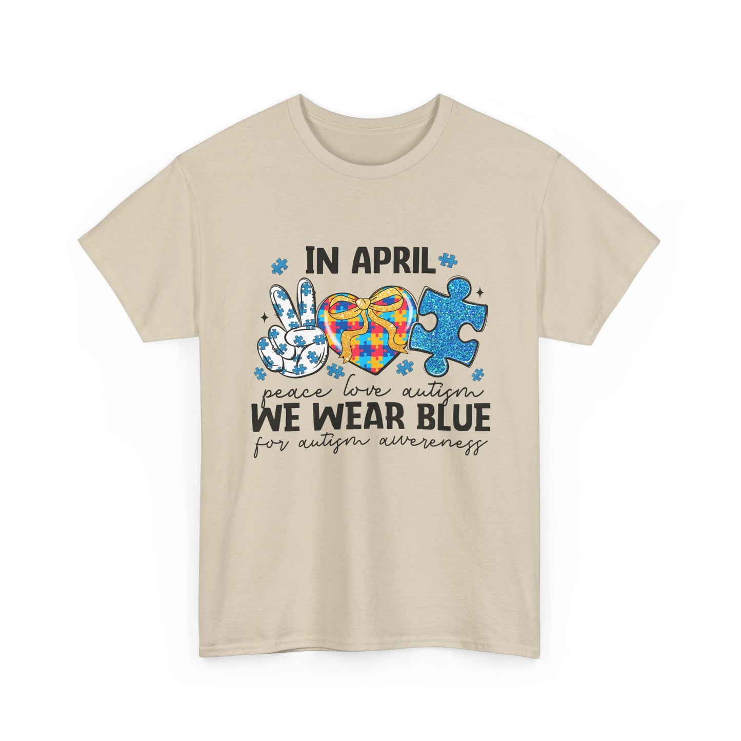 Autism Awareness Tee — "In April We Wear Blue" Puzzle Heart Peace Sign