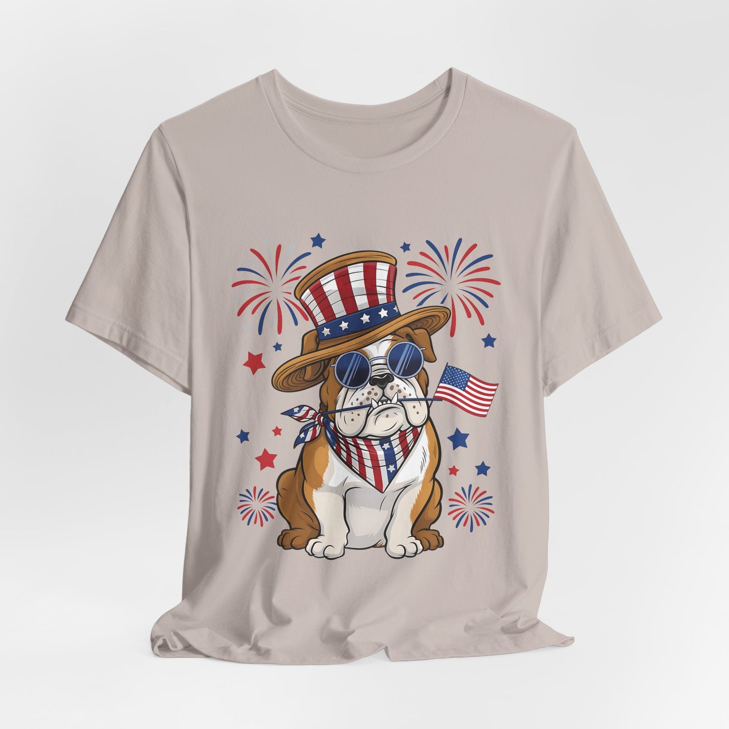 Patriotic Bulldog T-Shirt — American Flag Pup with Uncle Sam Hat & Fireworks (4th of July Tee)
