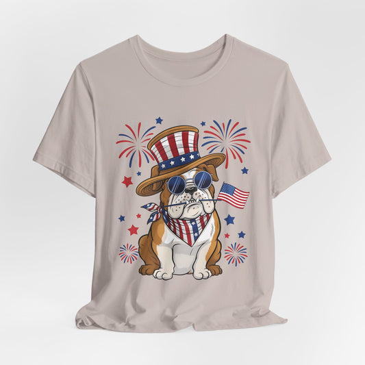 Patriotic Bulldog T-Shirt — American Flag Pup with Uncle Sam Hat & Fireworks (4th of July Tee)