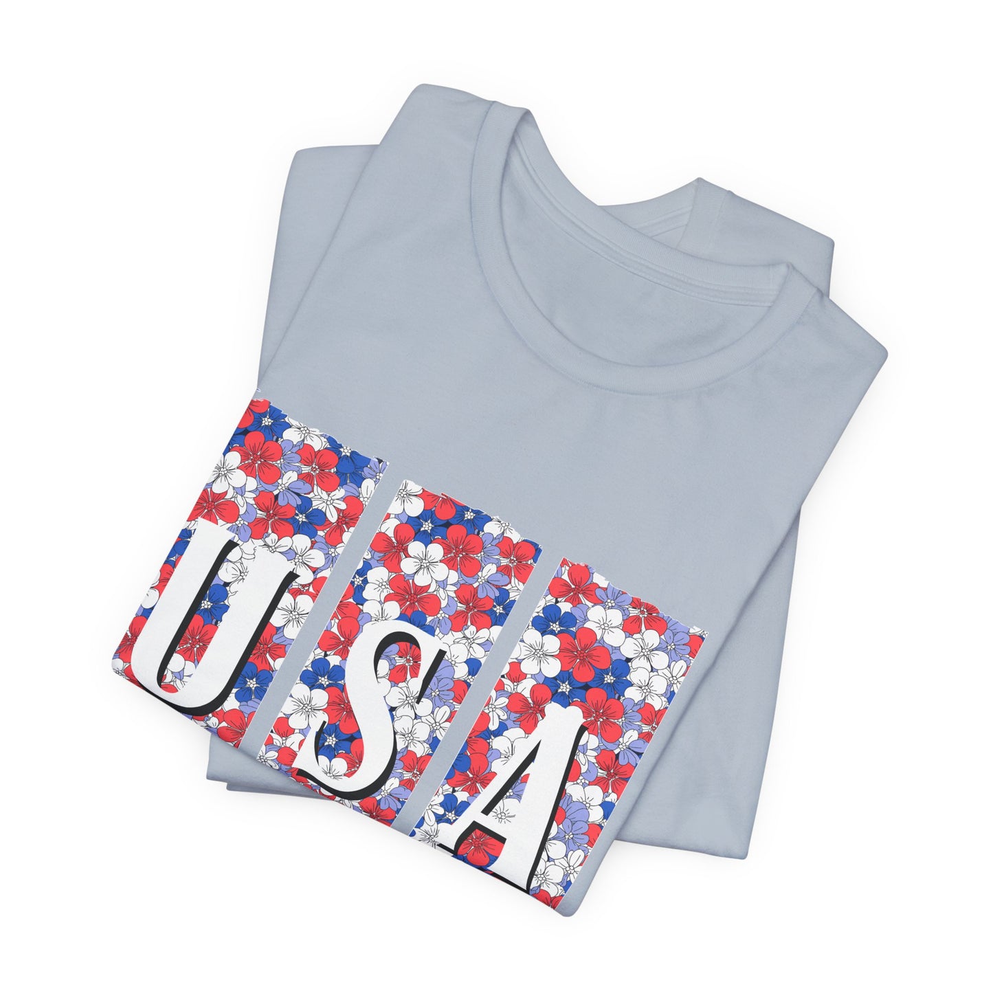 USA Floral Flag T-Shirt — Patriotic Red White Blue Tee (4th of July)