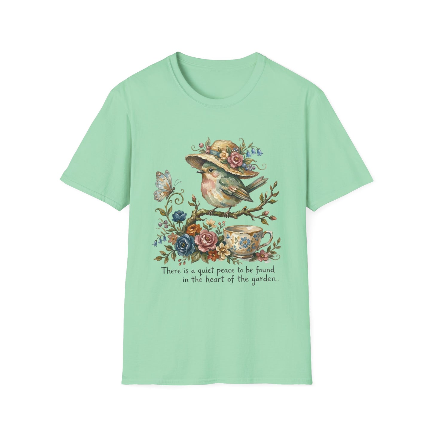 Garden Bird Tee — "There is a quiet peace to be found in the heart of the garden" Floral Bird T-Shirt