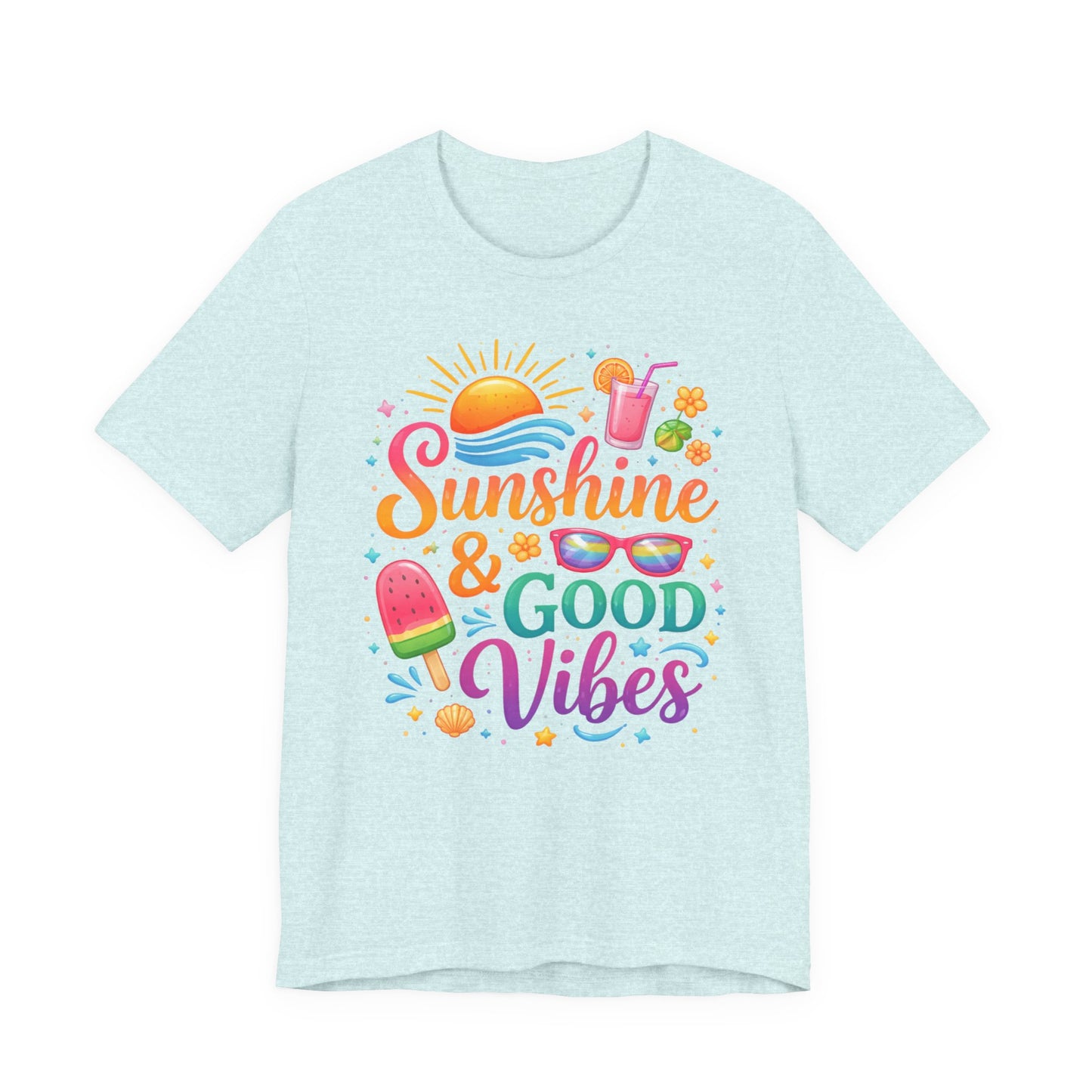Sunshine & Good Vibes T-Shirt | Summer Beach Drink Sunglasses Popsicle Design