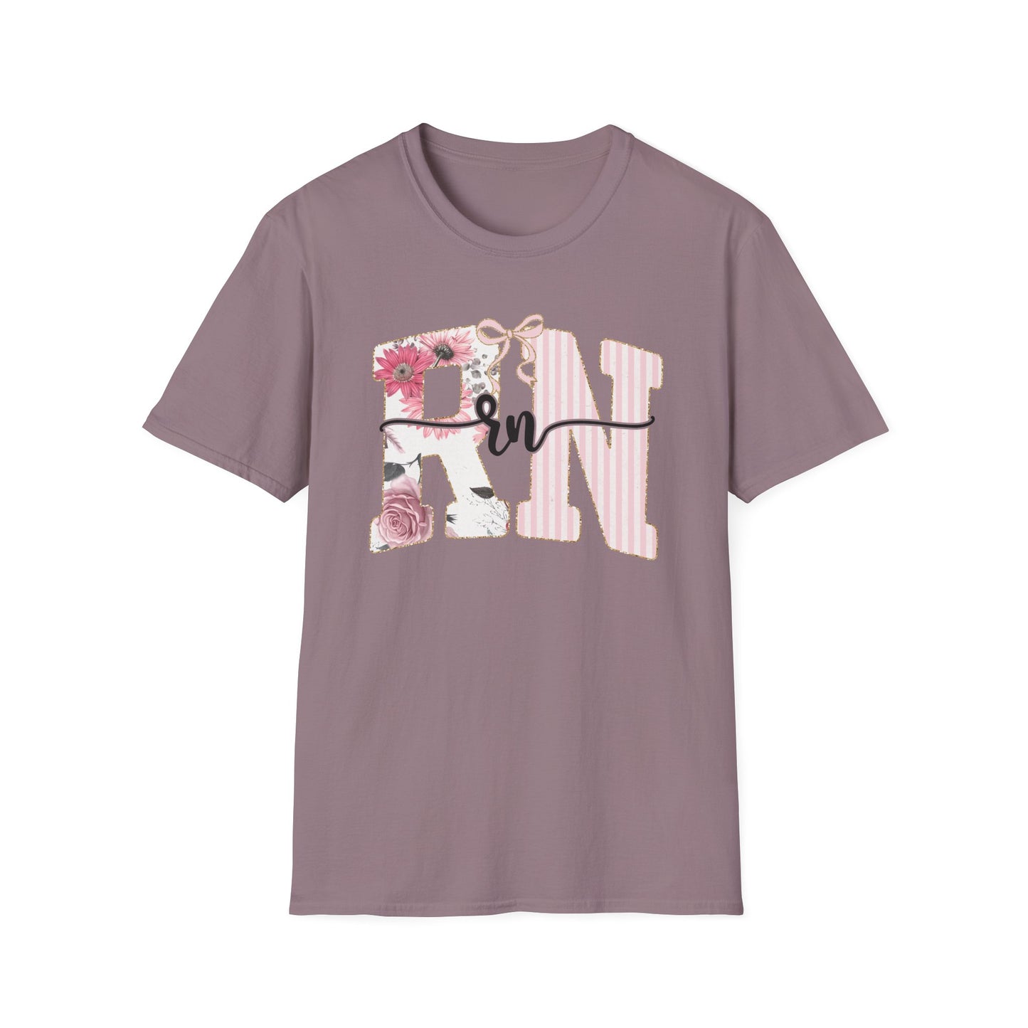 T-Shirt — RN Floral Script Design (Pink Stripes & Roses)