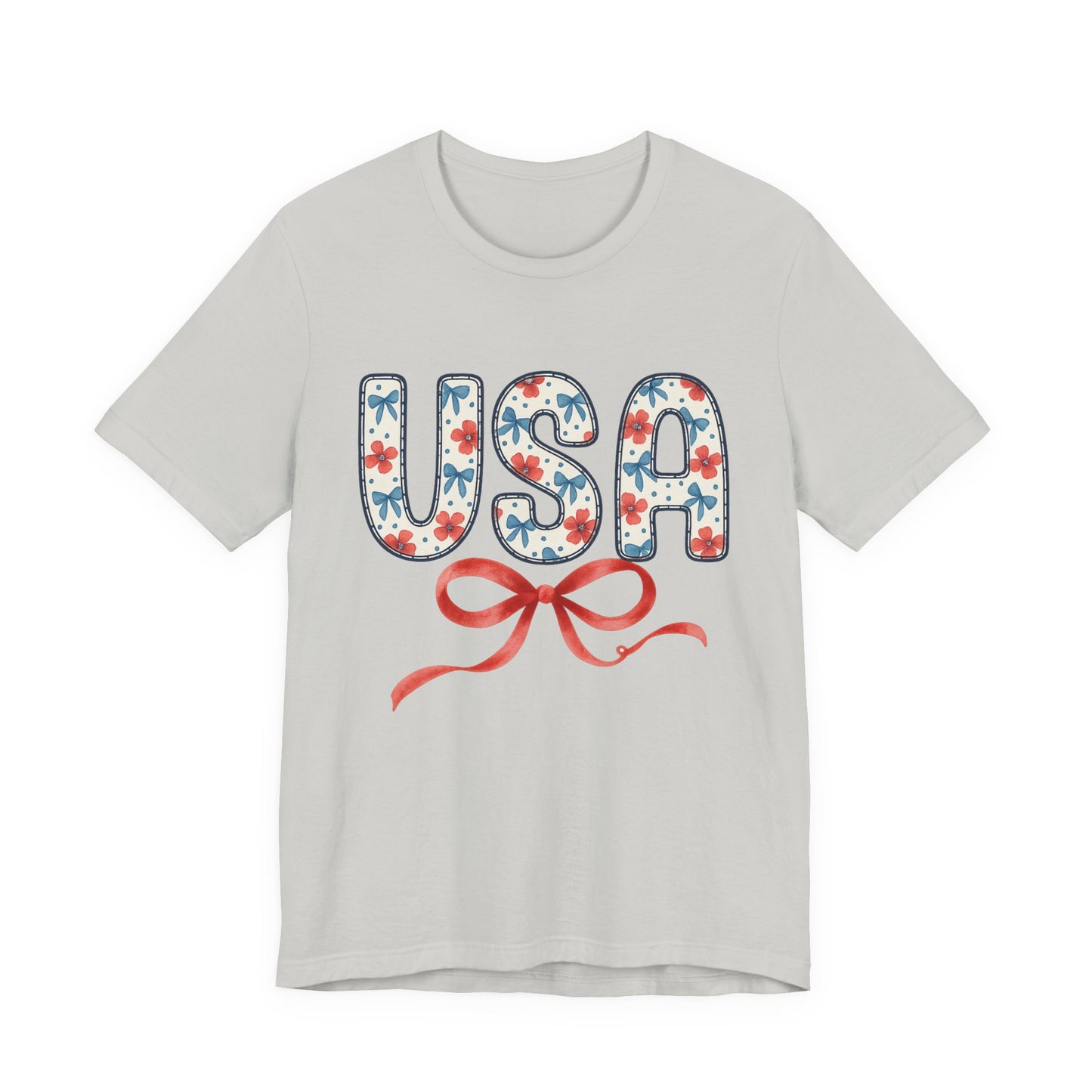 USA Floral Graphic Tee with Ribbon – 4th of July Patriotic Shirt