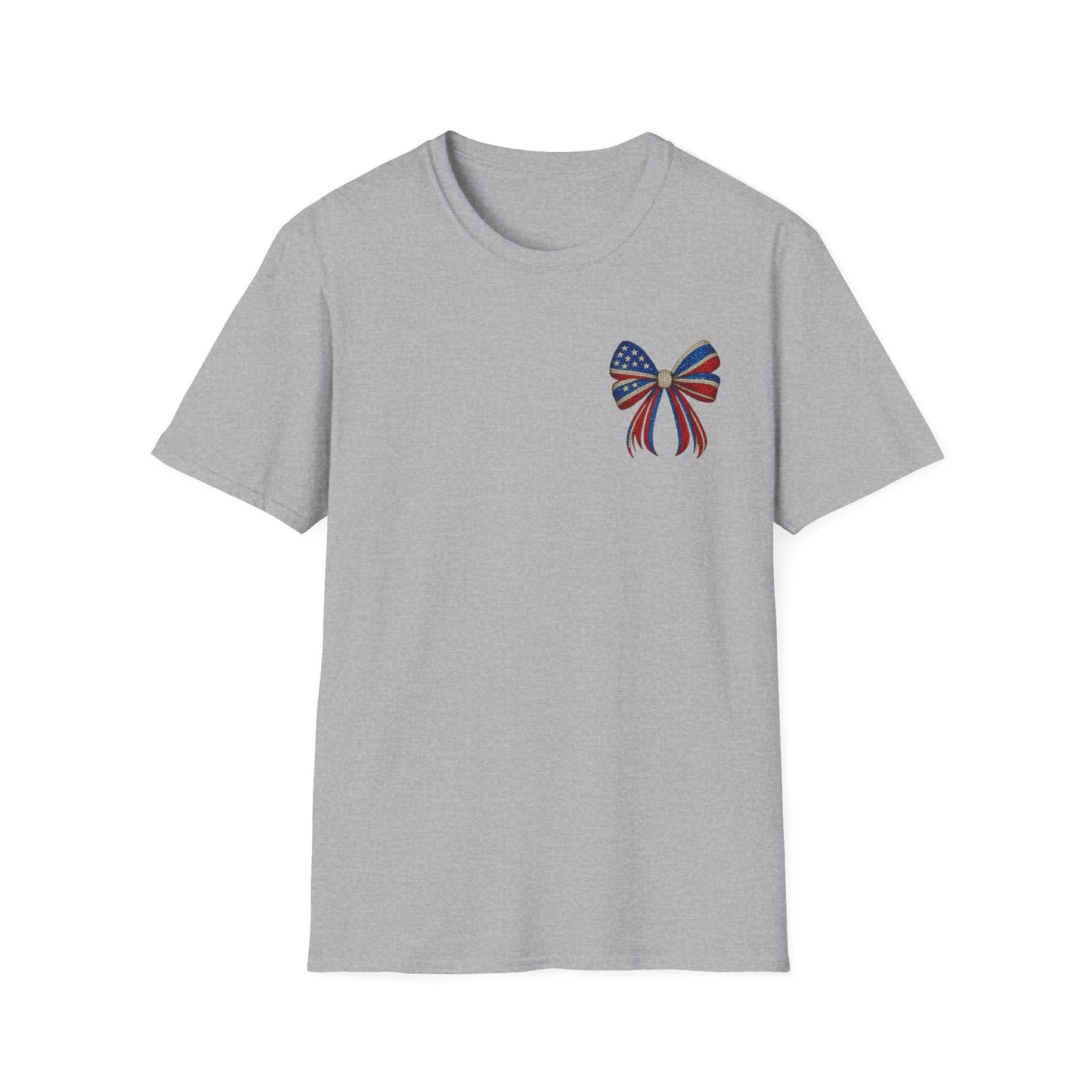 Patriotic Tee - "Land of the Free Because of the Brave" American Flag Bow
