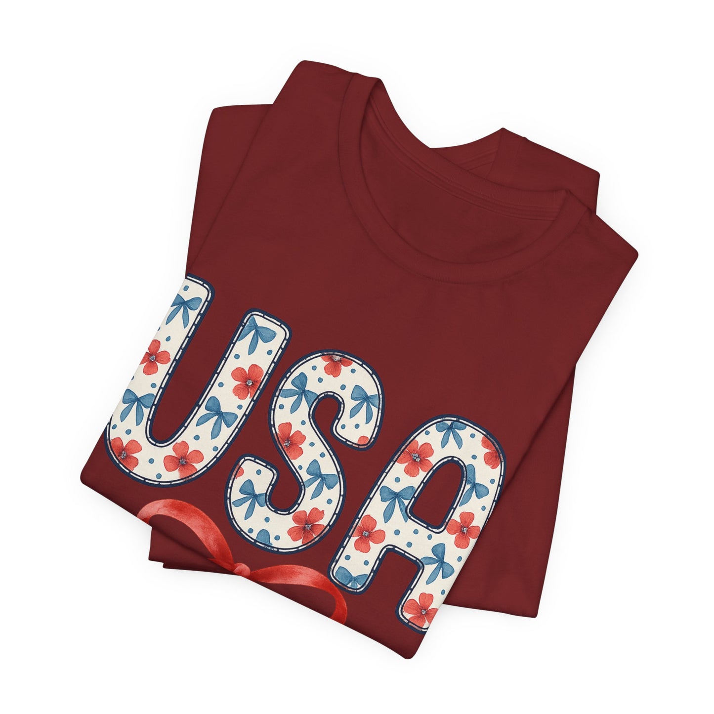 USA Floral Graphic Tee with Ribbon – 4th of July Patriotic Shirt