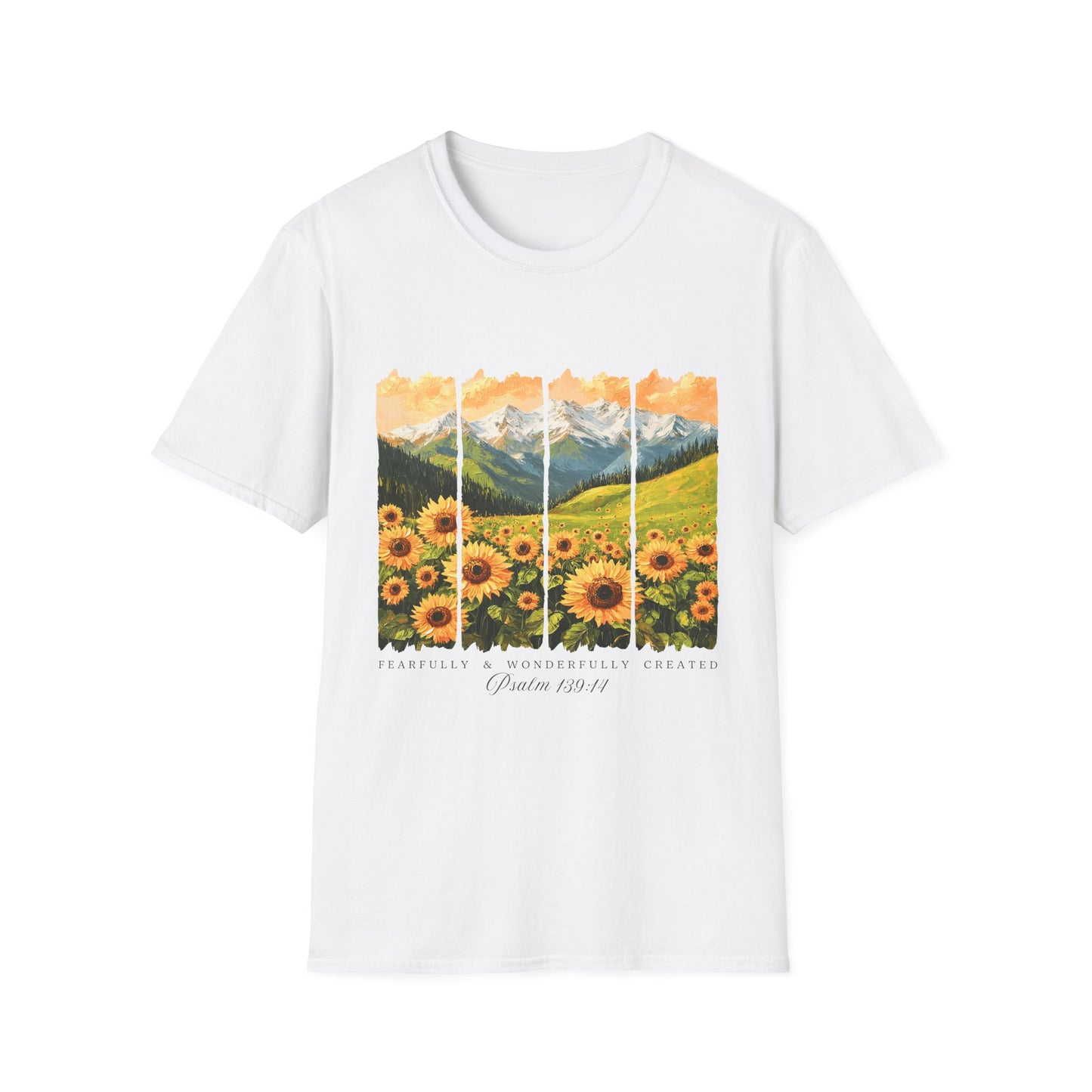Sunflower Mountain Poster T-Shirt — Scenic Field & Peaks Graphic Tee