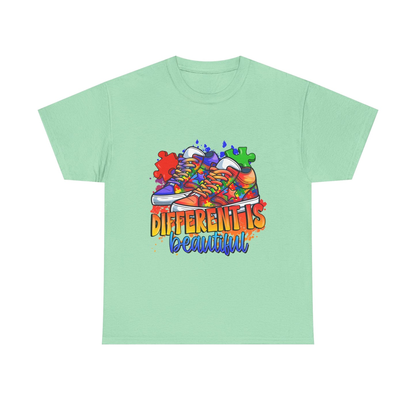 Different Is Beautiful Rainbow Puzzle Sneakers T-Shirt – Autism Awareness Tee