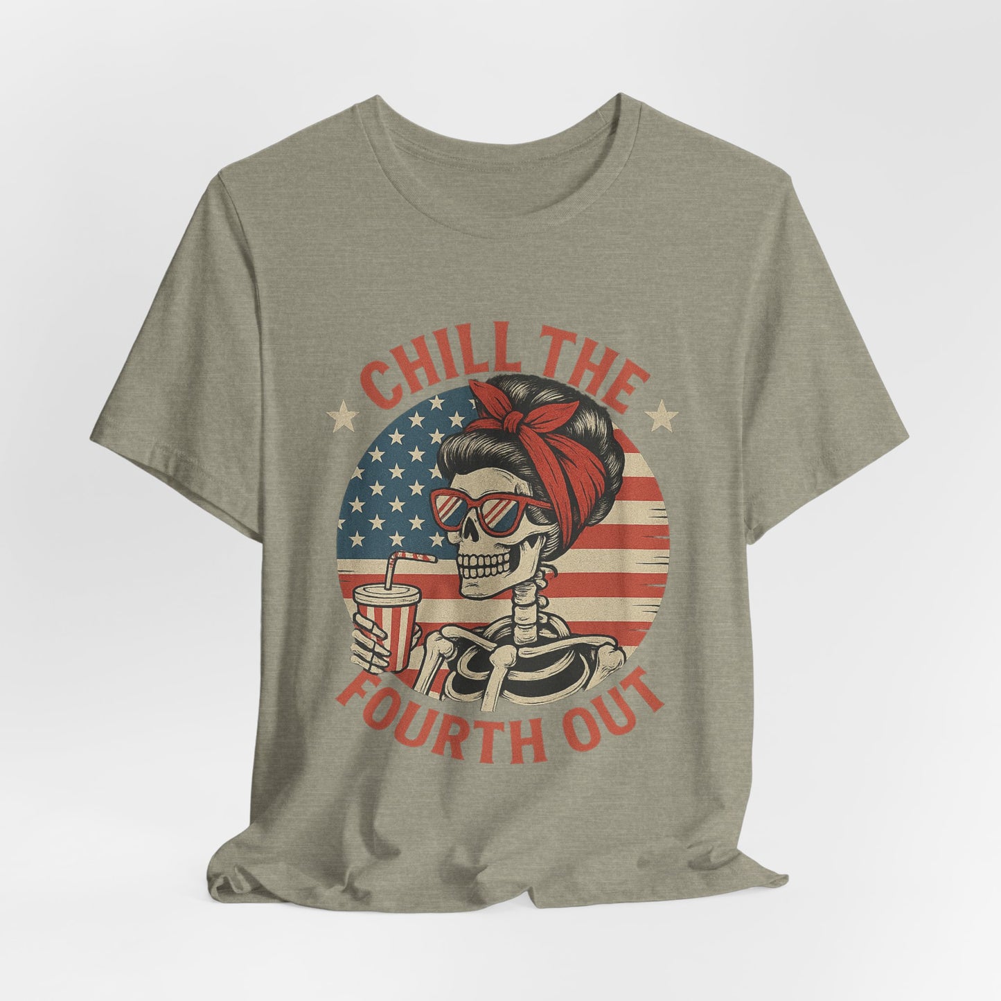 Chill the Fourth Out Tee – Retro Skull with American Flag & Drink | 4th of July Patriotic Shirt