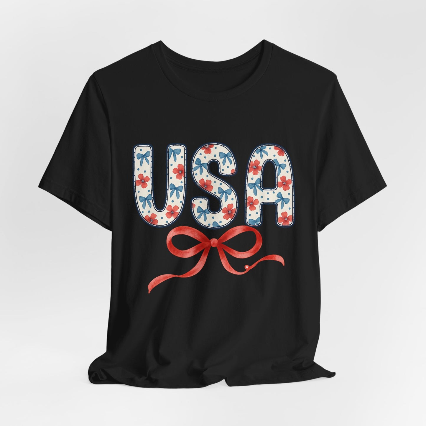 USA Floral Graphic Tee with Ribbon – 4th of July Patriotic Shirt
