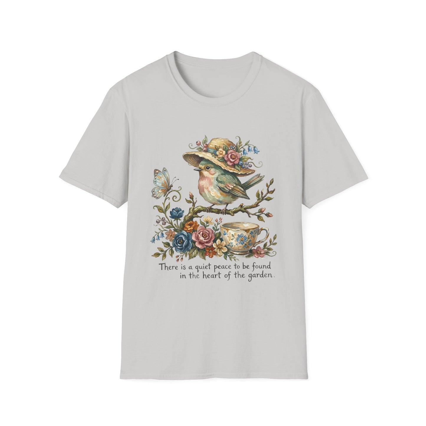 Garden Bird Tee — "There is a quiet peace to be found in the heart of the garden" Floral Bird T-Shirt