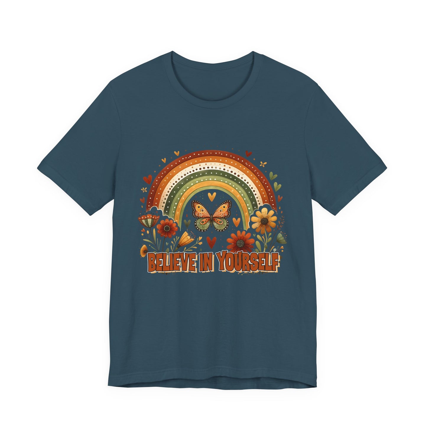 Believe In Yourself Butterfly Tee — Retro Rainbow Floral Inspirational T‑Shirt