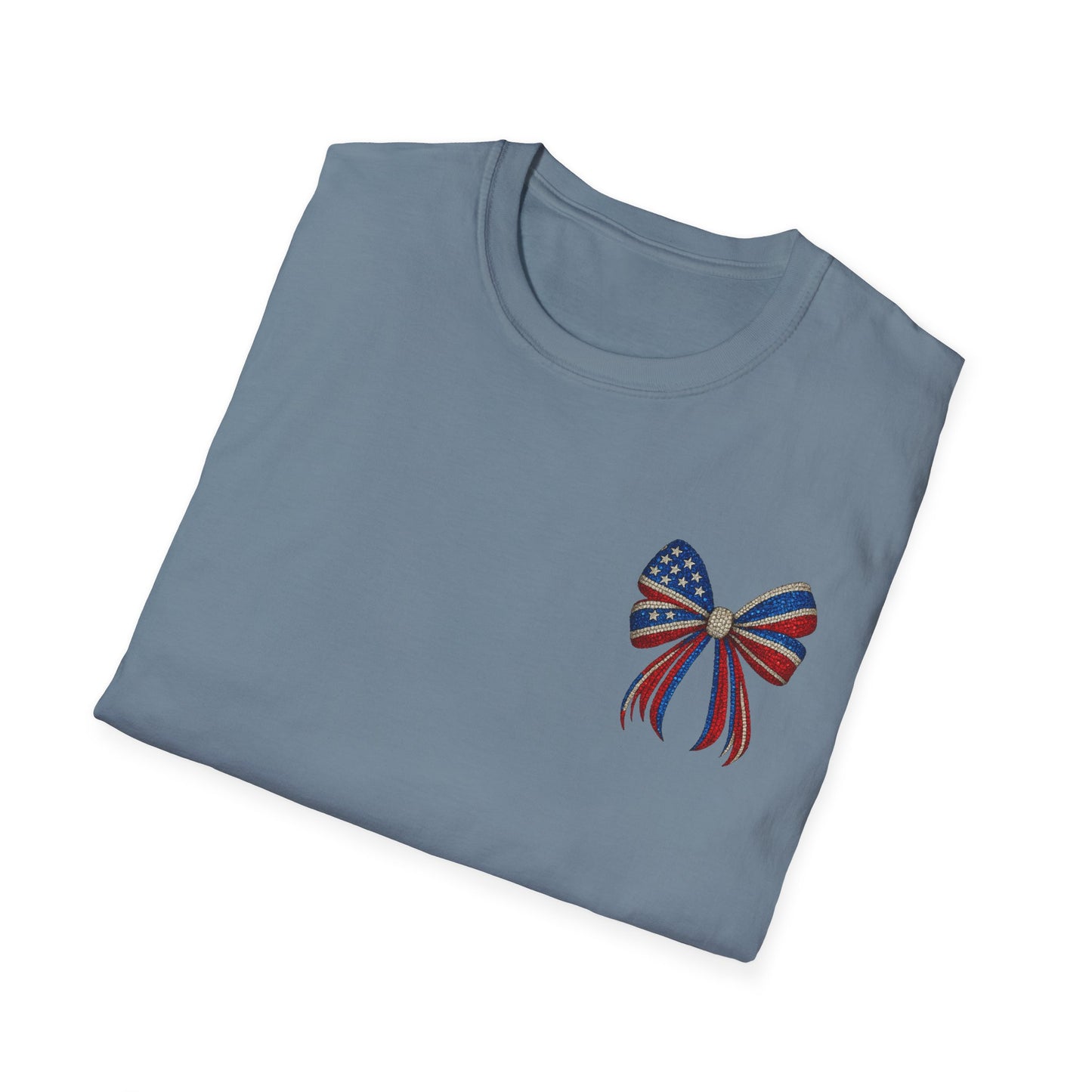 Patriotic Tee - "Land of the Free Because of the Brave" American Flag Bow