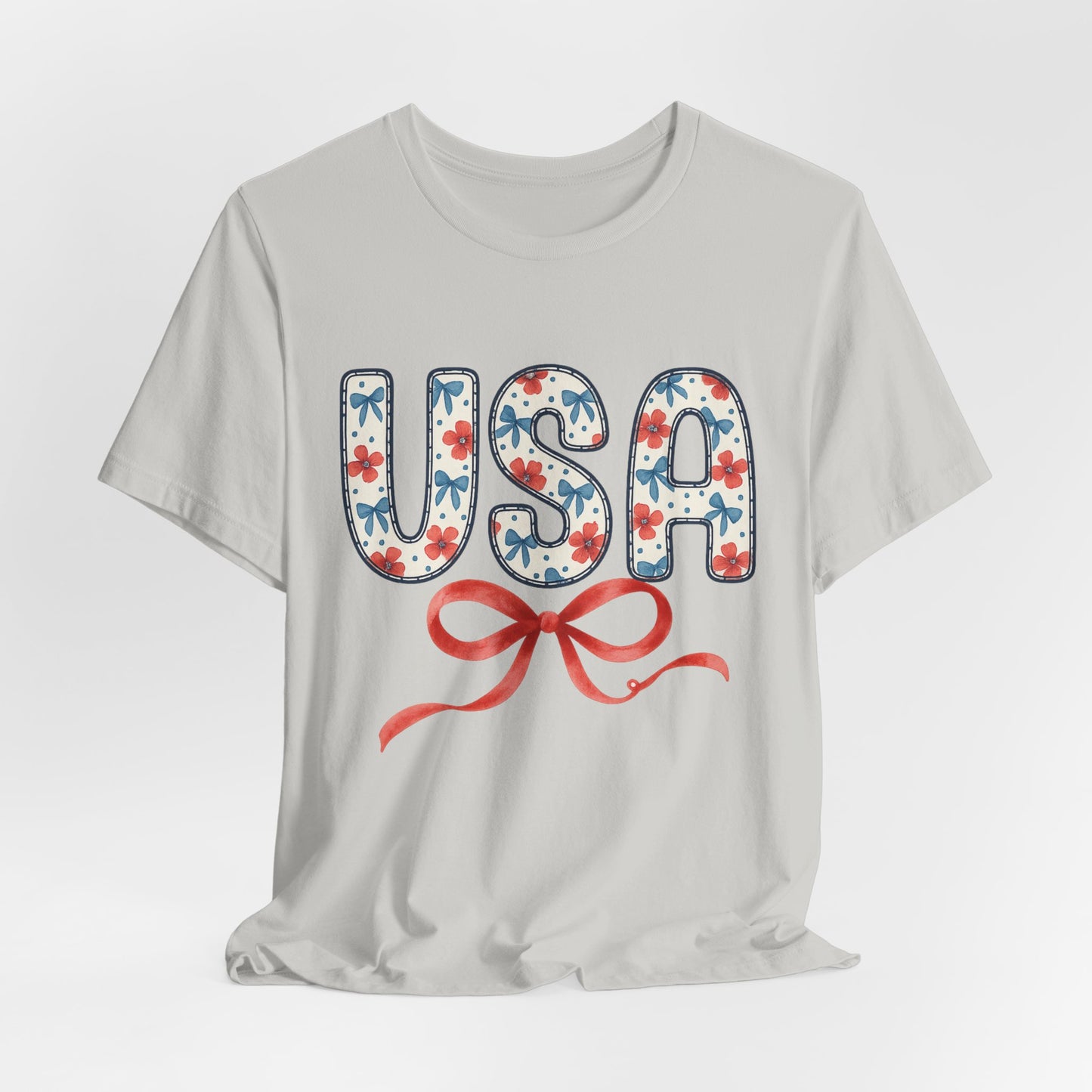 USA Floral Graphic Tee with Ribbon – 4th of July Patriotic Shirt