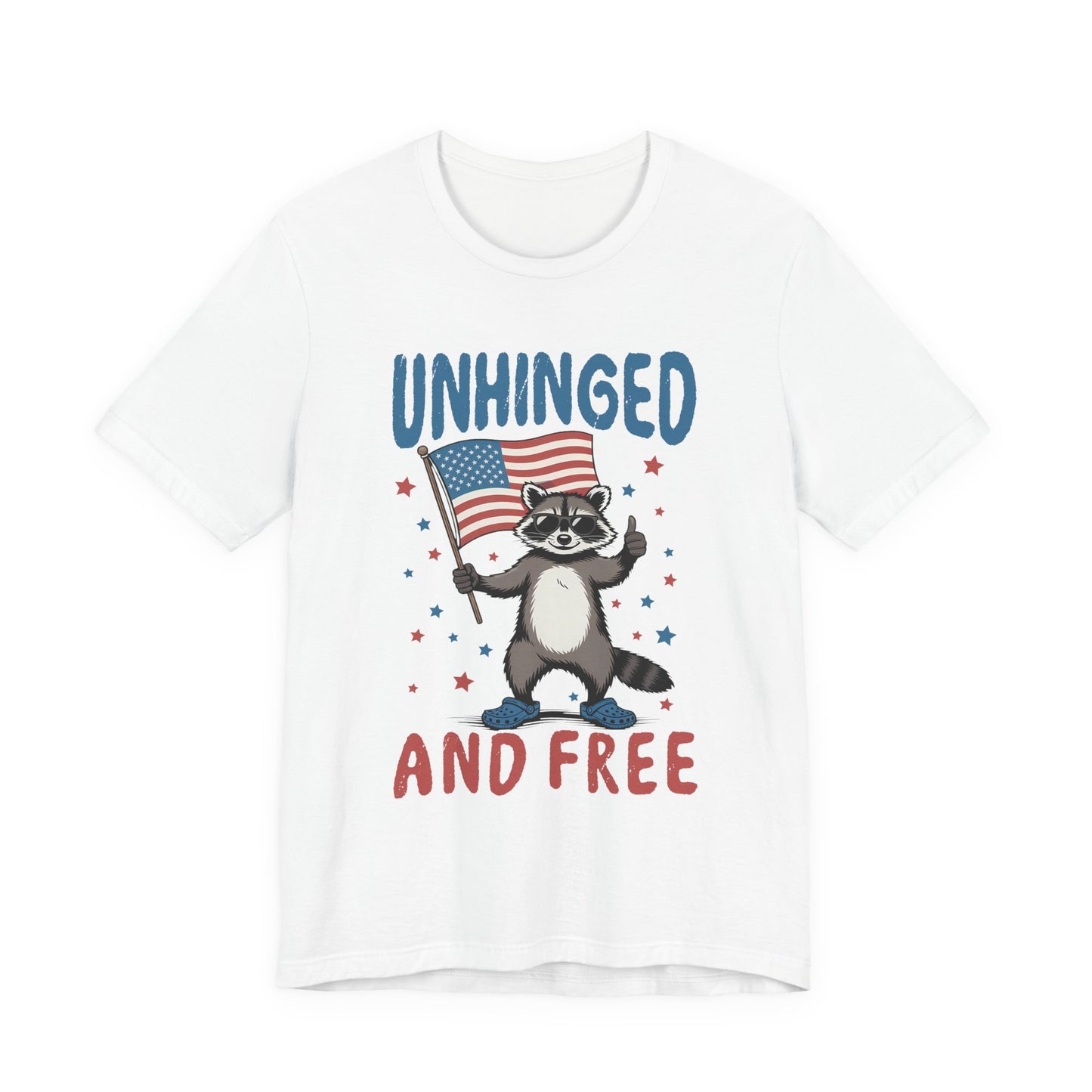 T‑Shirt — "Unhinged and Free" Raccoon American Flag Graphic Tee