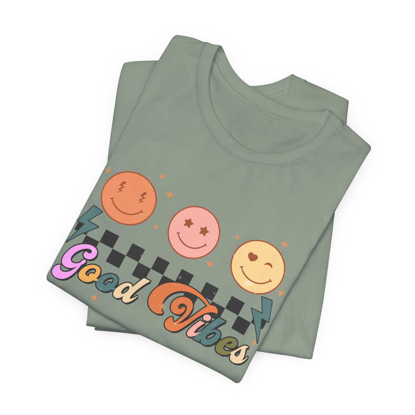 Good Vibes Smiley Tee — Retro Checkerboard Positive Graphic T-Shirt