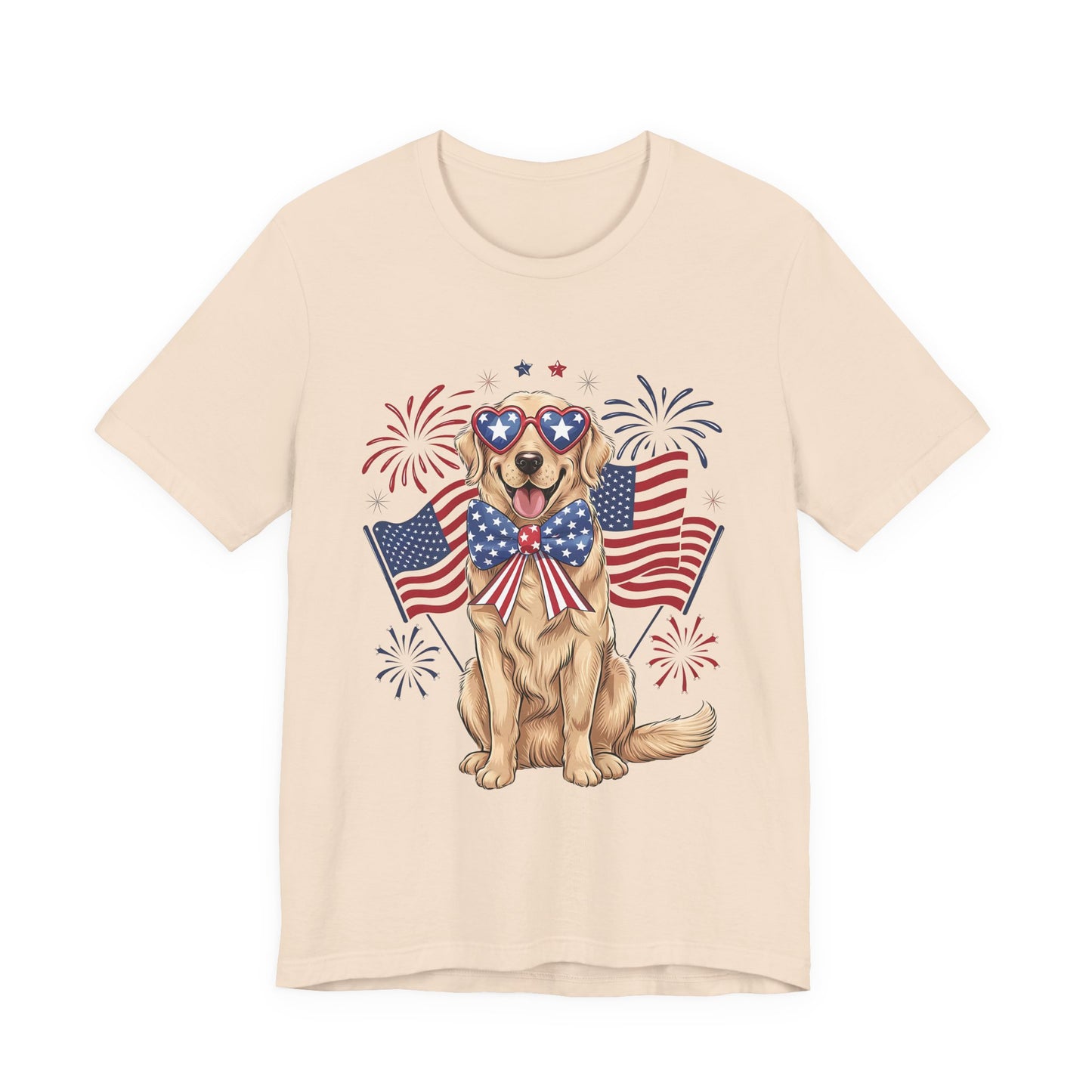 Patriotic Golden Retriever T‑Shirt — USA Flag Dog with Fireworks