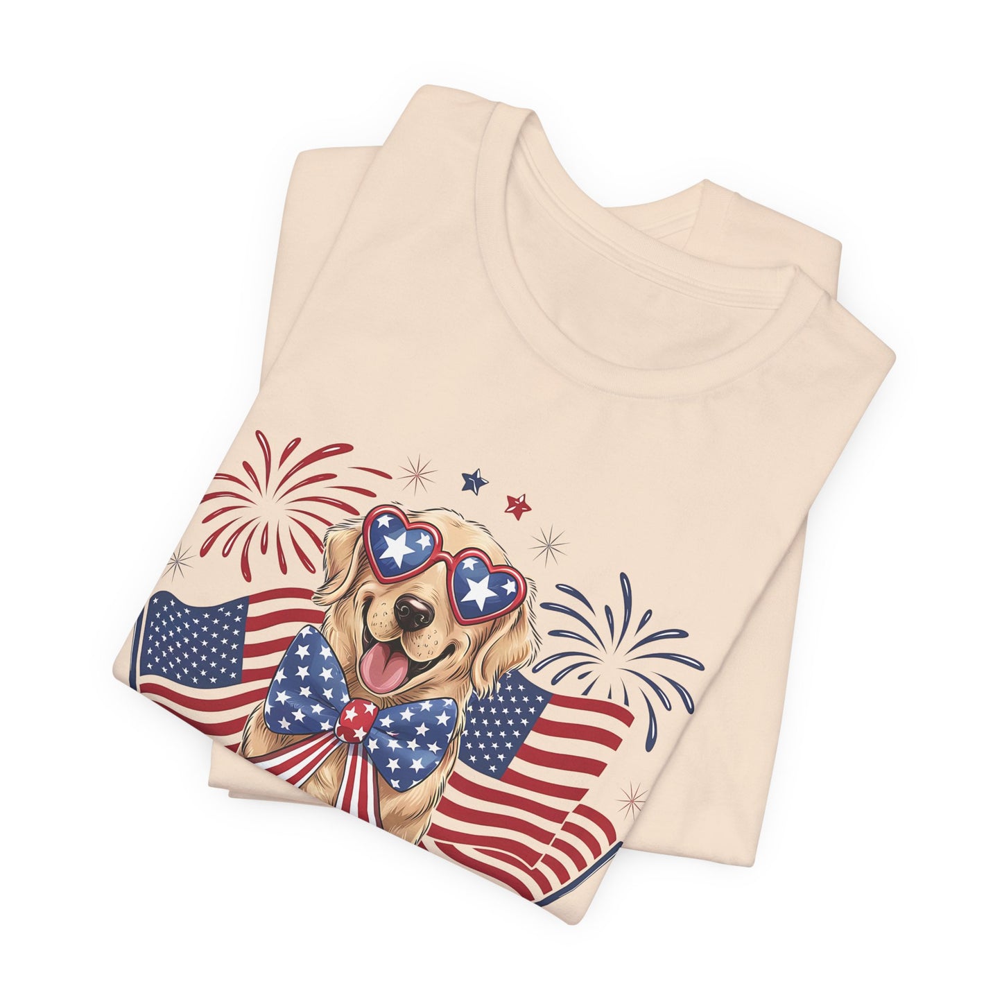 Patriotic Golden Retriever T‑Shirt — USA Flag Dog with Fireworks