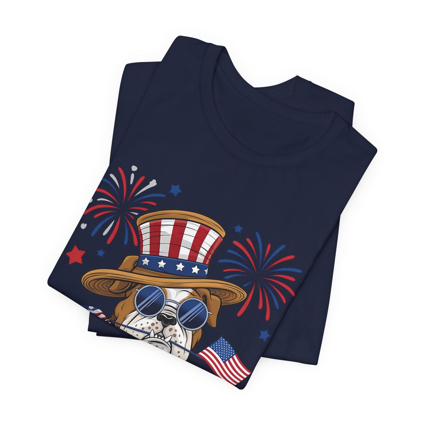 Patriotic Bulldog T-Shirt — American Flag Pup with Uncle Sam Hat & Fireworks (4th of July Tee)