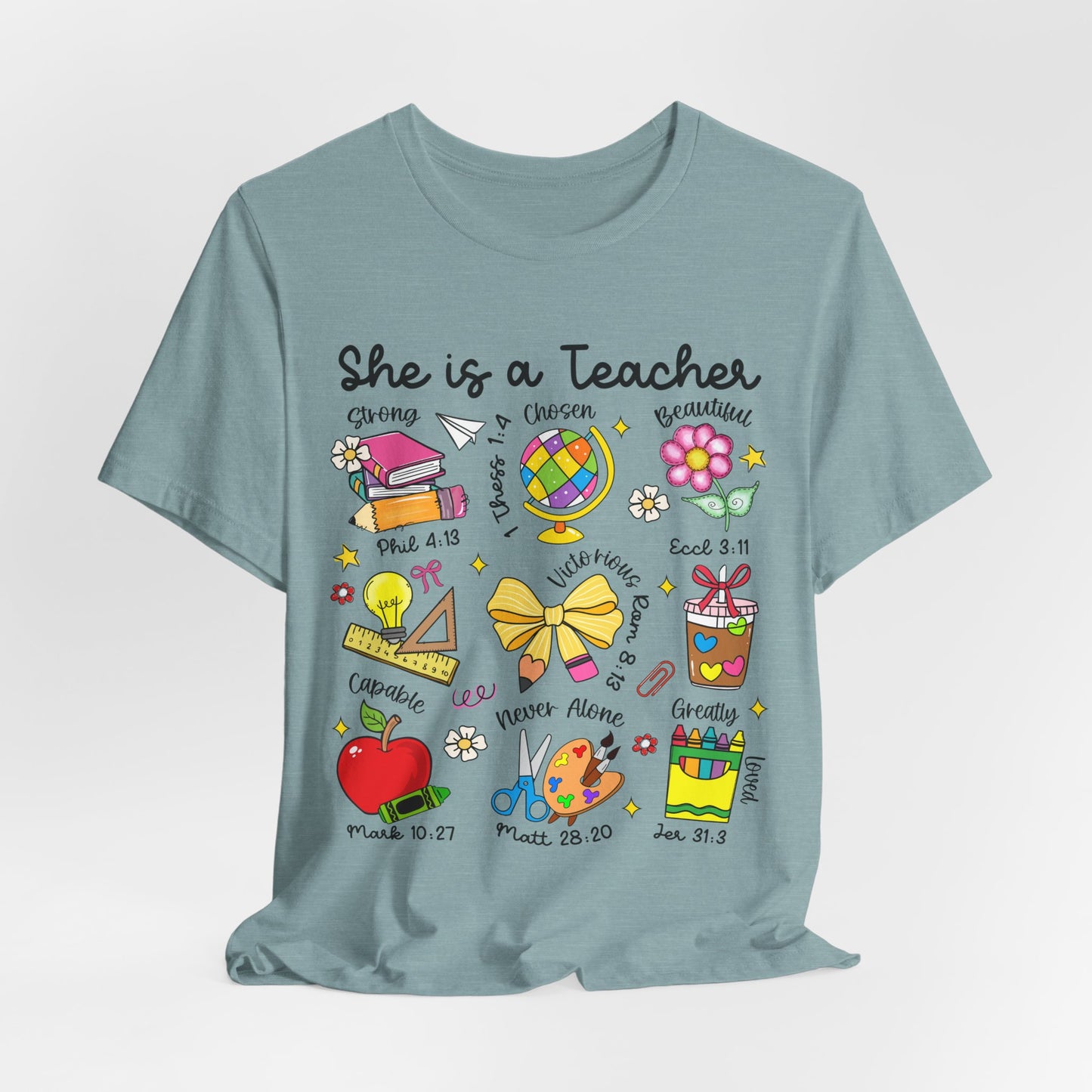 Teacher Illustrated Icons T-Shirt — "She is a Teacher" Appreciation Tee