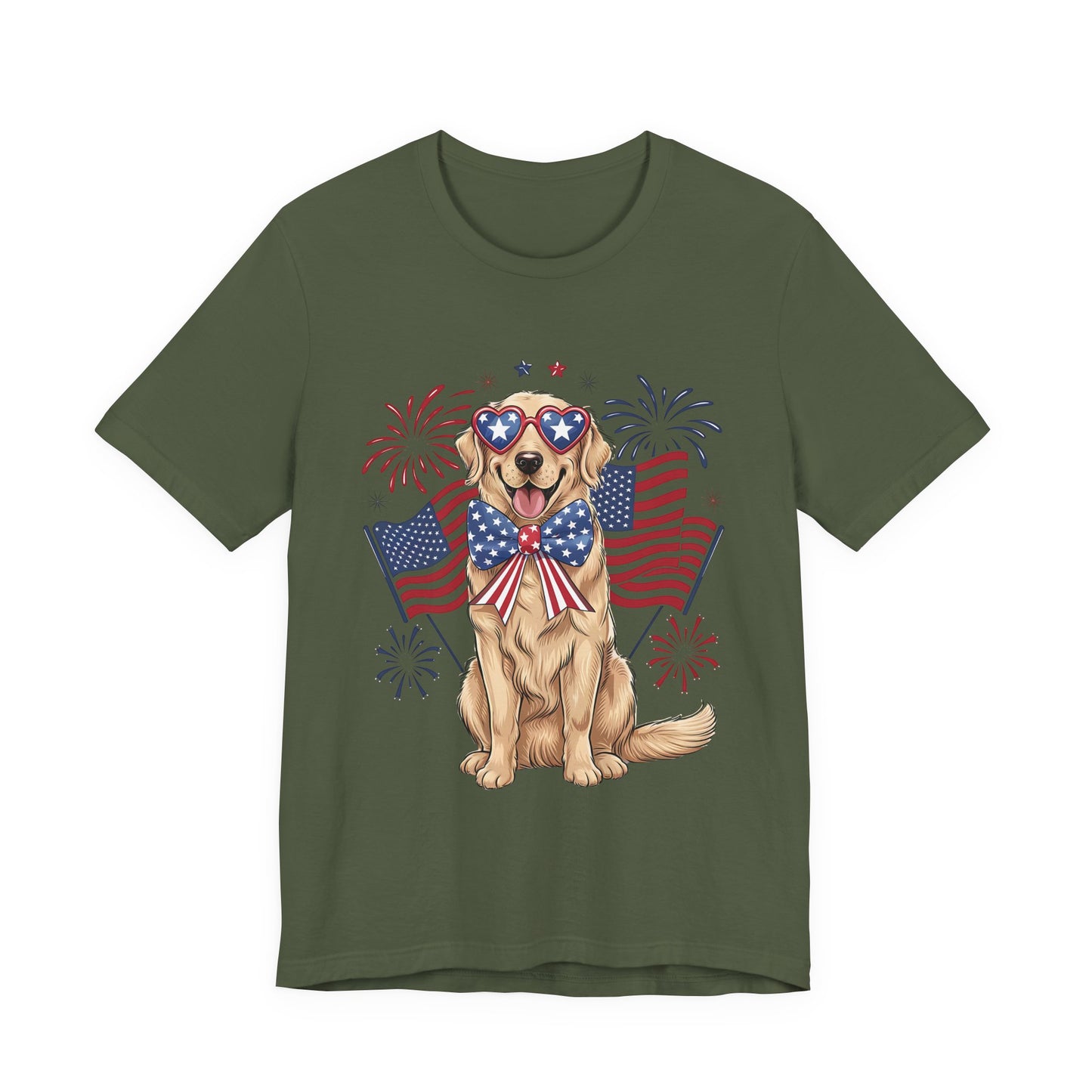 Patriotic Golden Retriever T‑Shirt — USA Flag Dog with Fireworks