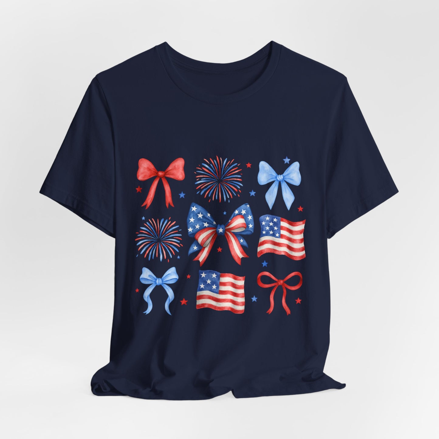 Patriotic Bows & Flags Tee — 4th of July Fireworks Graphic T-Shirt