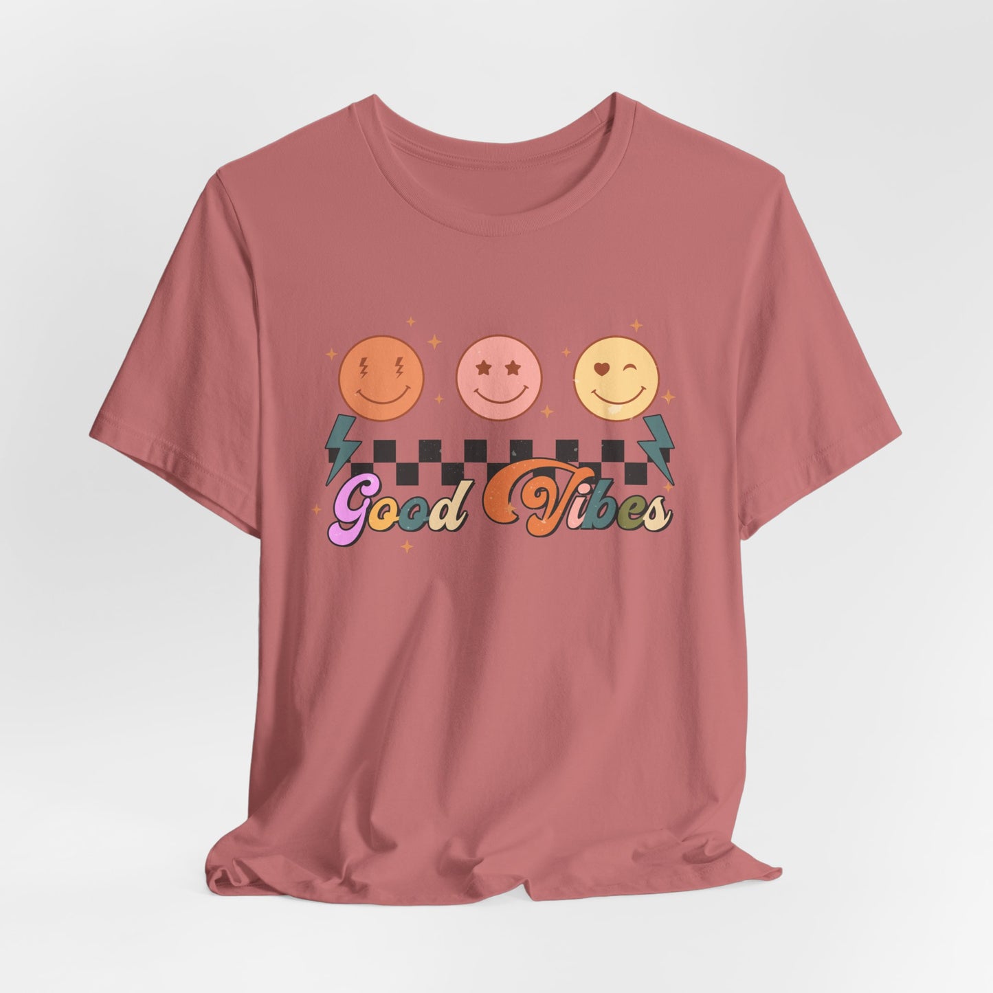 Good Vibes Smiley Tee — Retro Checkerboard Positive Graphic T-Shirt