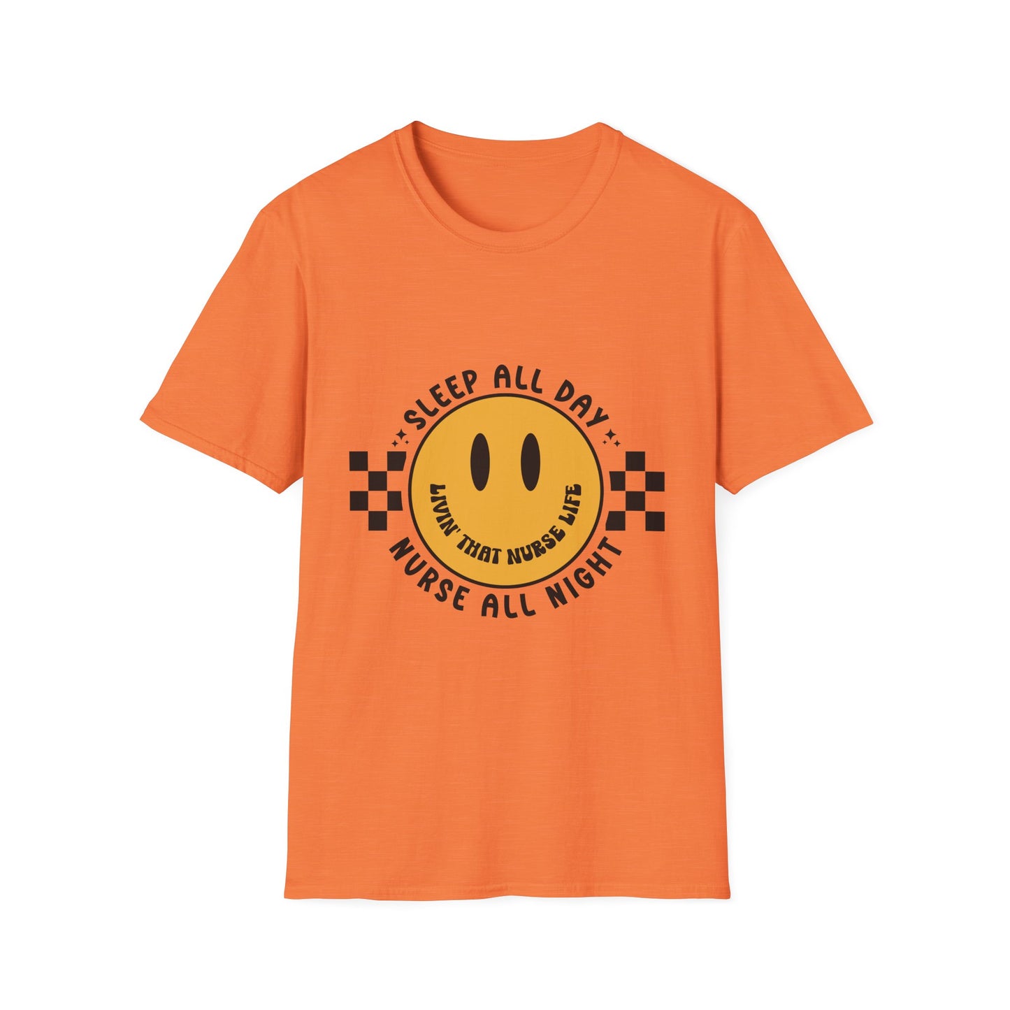 Nurse Smiley Tee — “Sleep All Day, Nurse All Night” Graphic T-Shirt