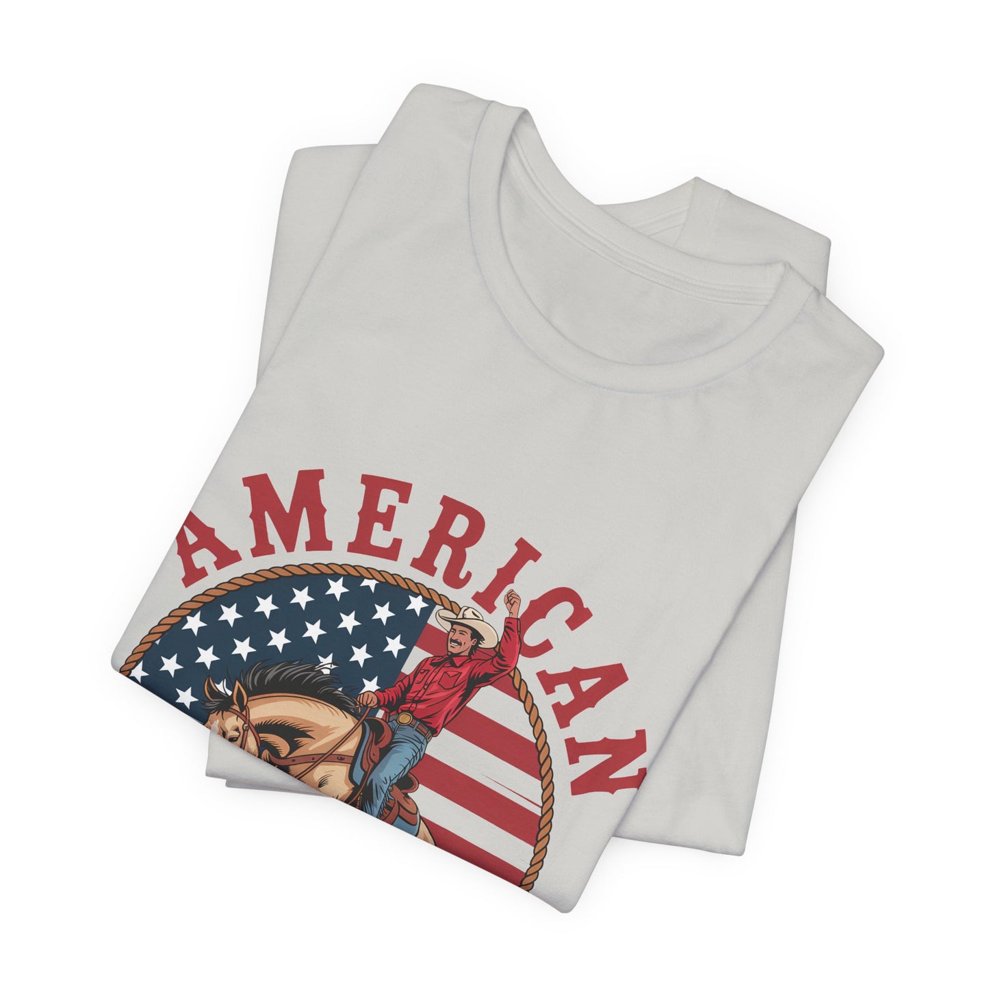 American Cowboy T-Shirt – patriotic rodeo tee with flag and rider