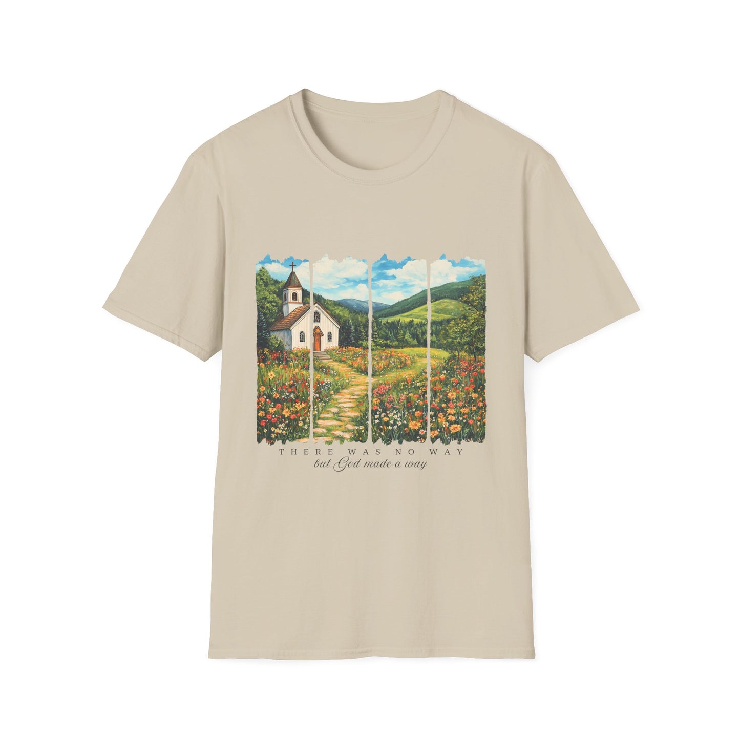 Scenic Chapel Landscape T-Shirt — Countryside Floral Mountain Art Tee