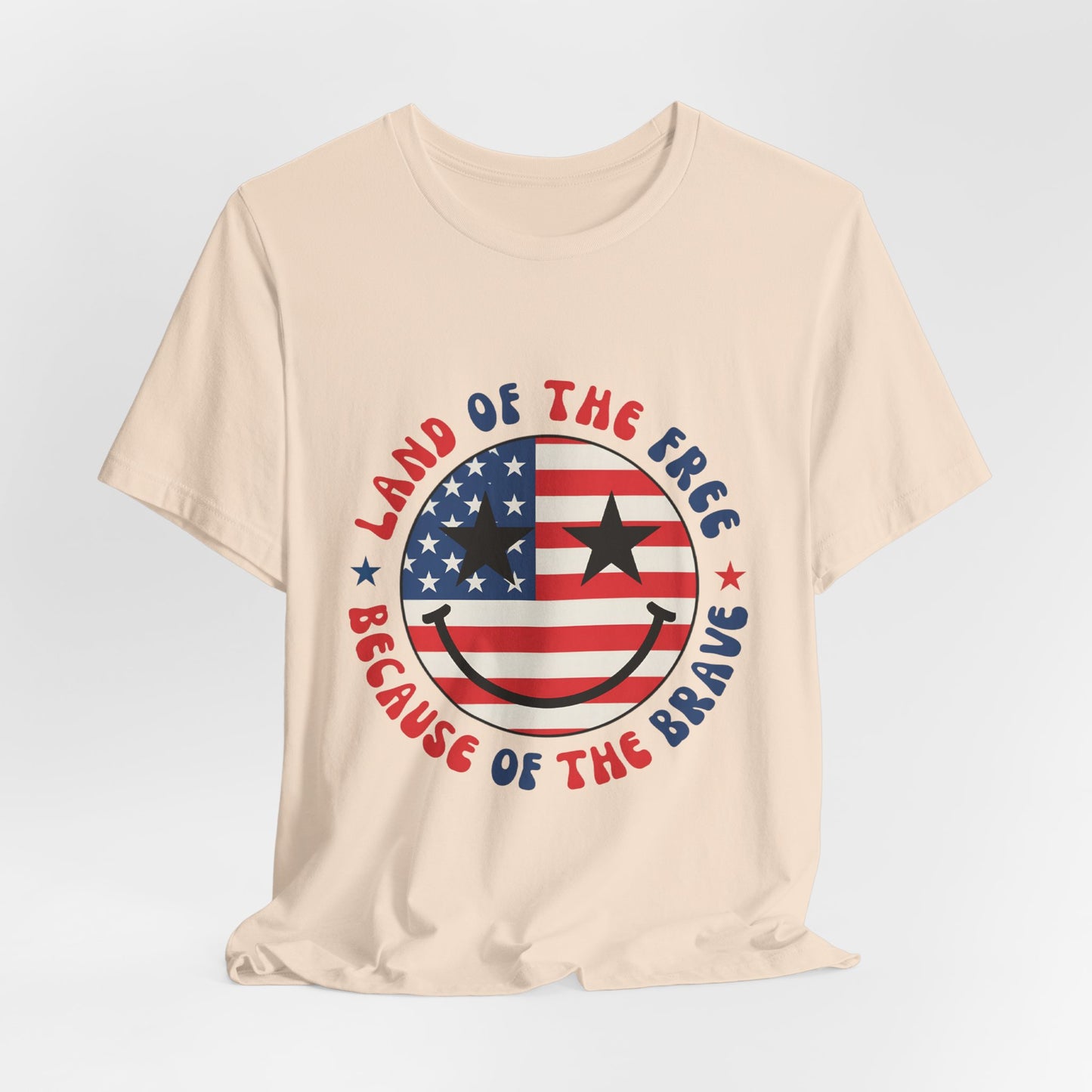 Patriotic Smiley Tee - "Land of the Free Because of the Brave" American Flag Shirt