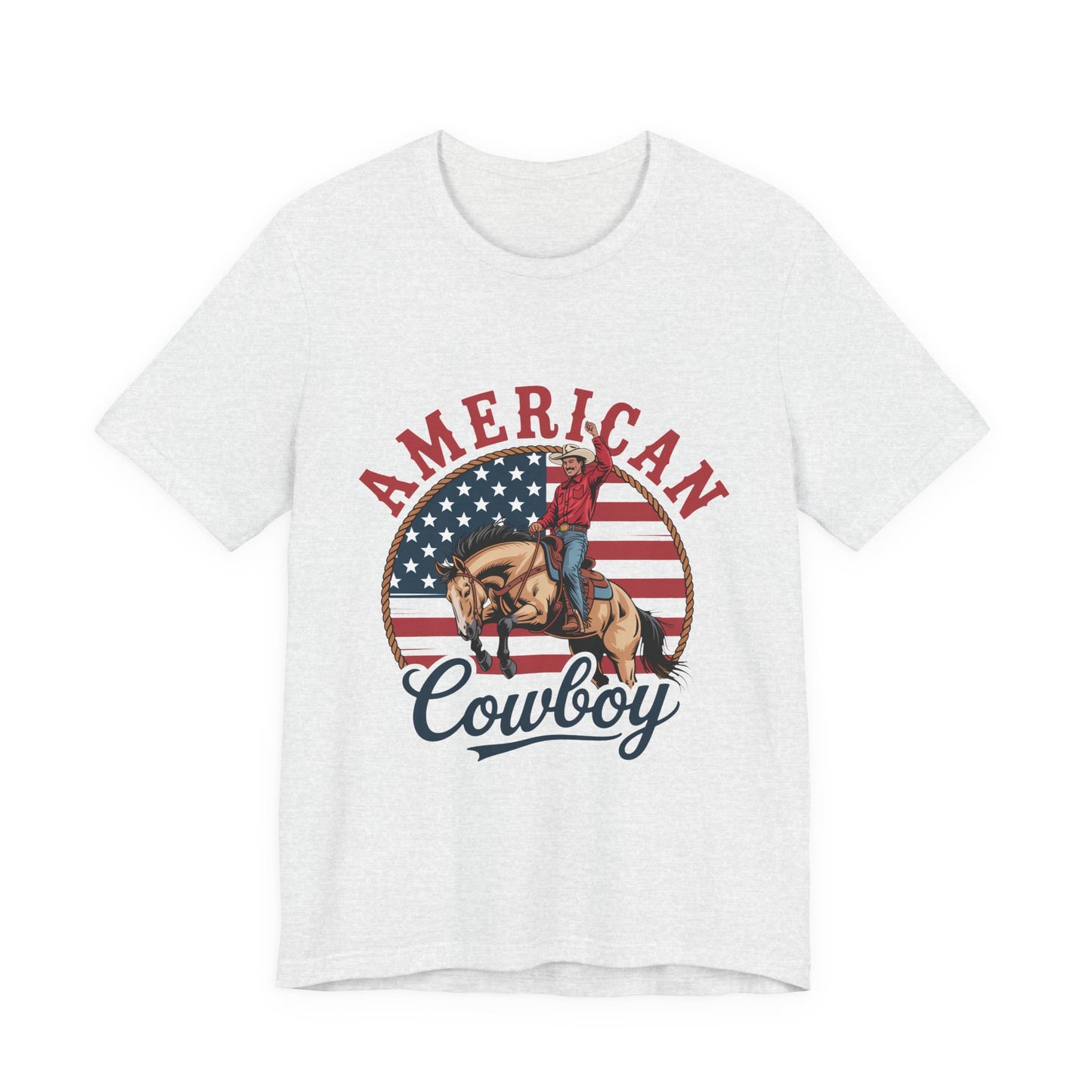 American Cowboy T-Shirt – patriotic rodeo tee with flag and rider