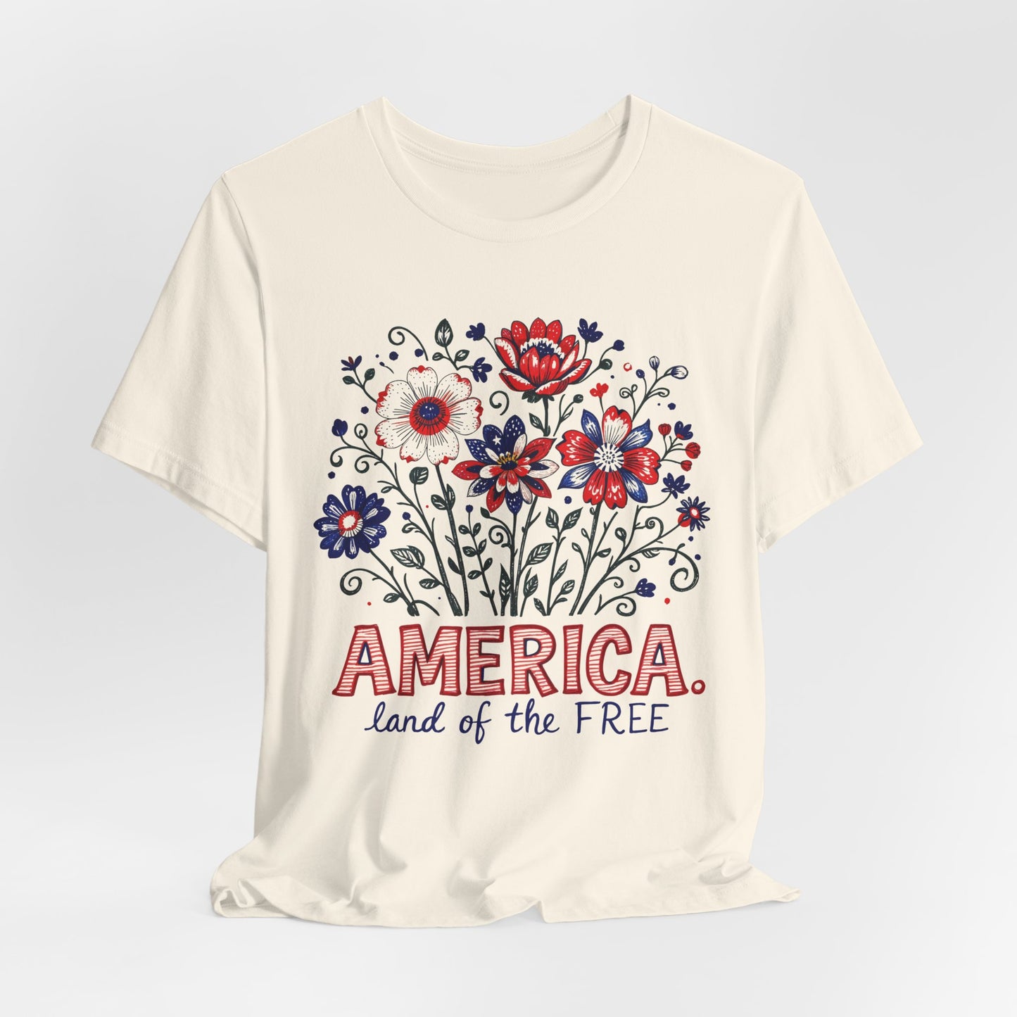 Patriotic Floral Tee — "America, Land of the Free"