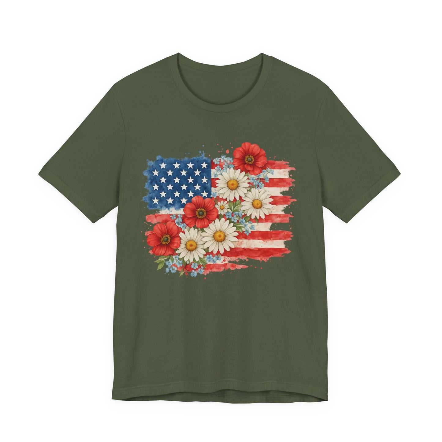 American Flag Floral T‑Shirt – Patriotic Daisy & Poppy USA Tee