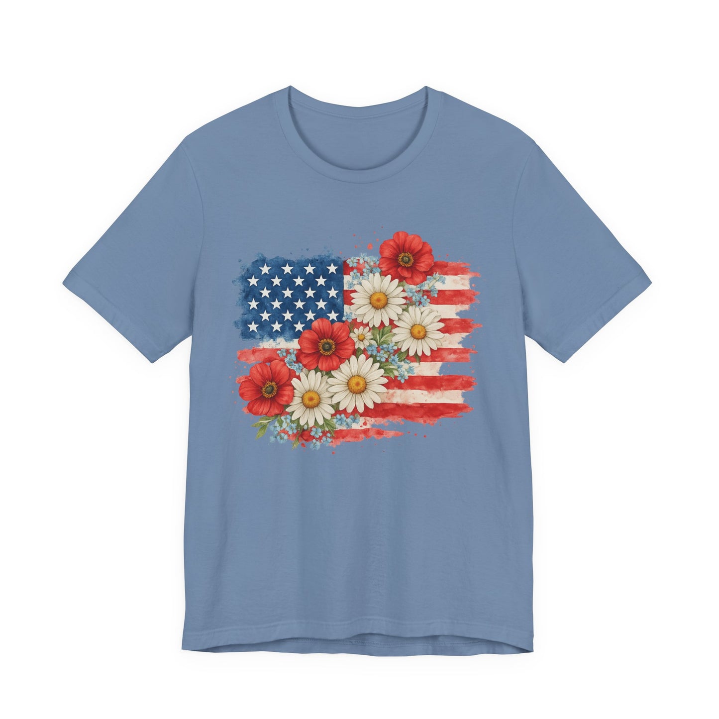 American Flag Floral T‑Shirt – Patriotic Daisy & Poppy USA Tee