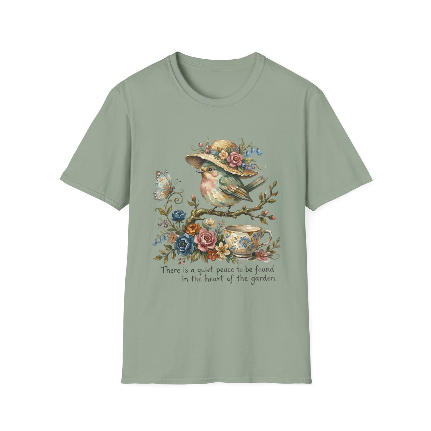 Garden Bird Tee — "There is a quiet peace to be found in the heart of the garden" Floral Bird T-Shirt