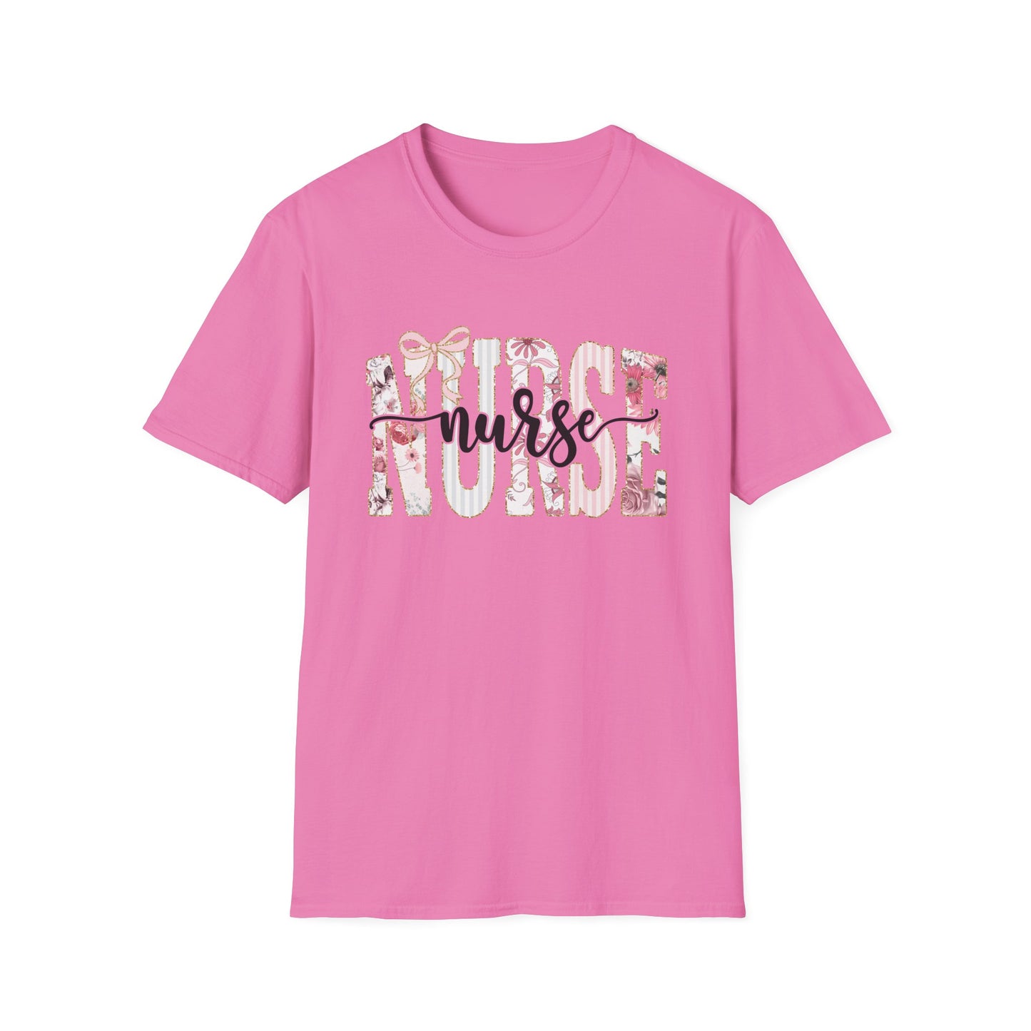 Nurse Floral Graphic Tee — 'Nurse' Script Over Pink Floral Block Letters