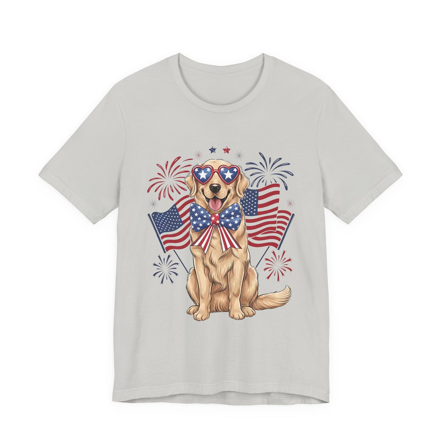 Patriotic Golden Retriever T‑Shirt — USA Flag Dog with Fireworks