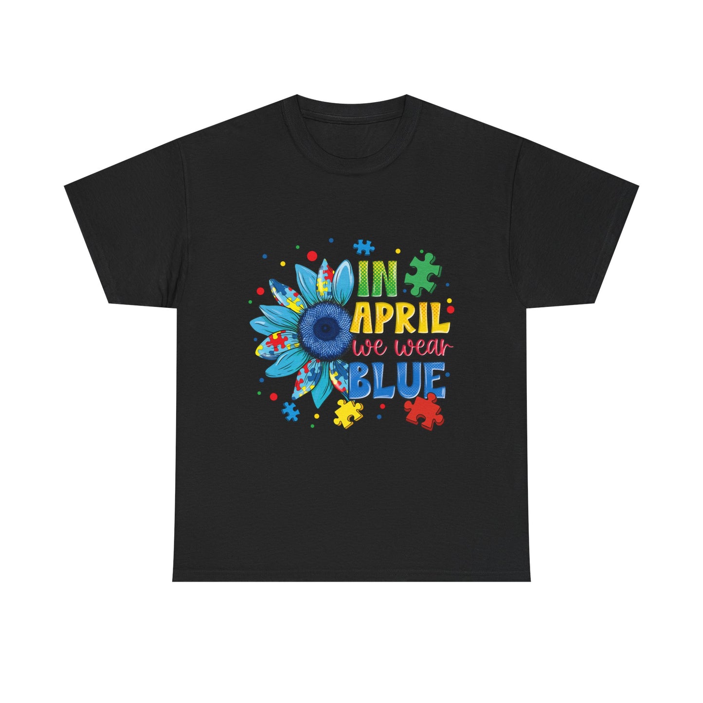 April We Wear Blue T-Shirt – Autism Awareness Sunflower Design