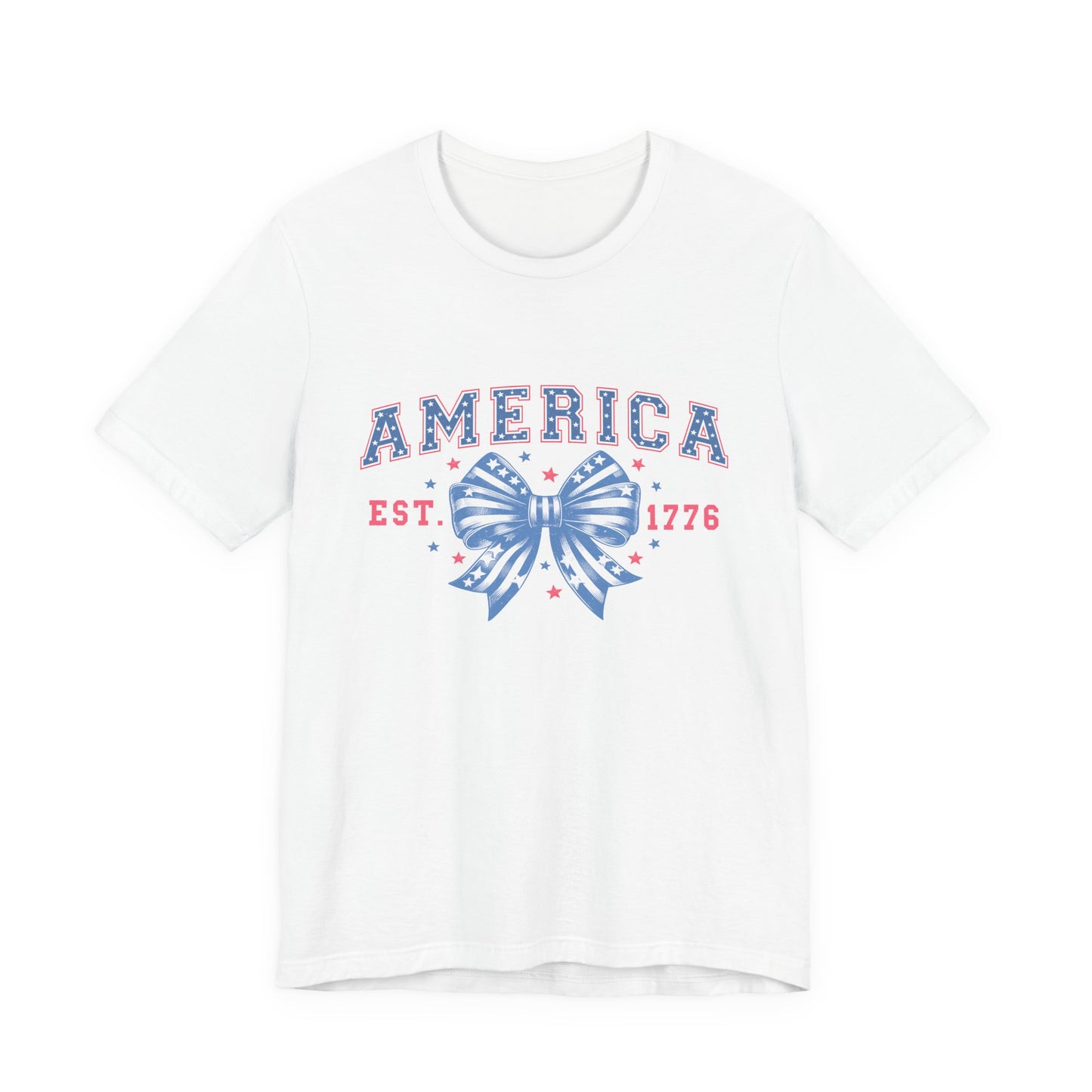 America Est. 1776 Patriotic T-Shirt – Stars & Stripes Bow Graphic