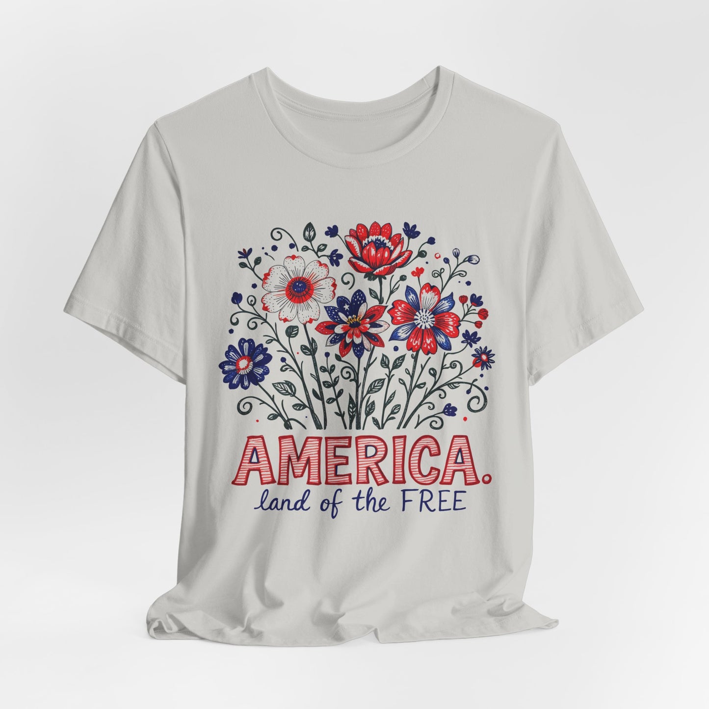 Patriotic Floral Tee — "America, Land of the Free"