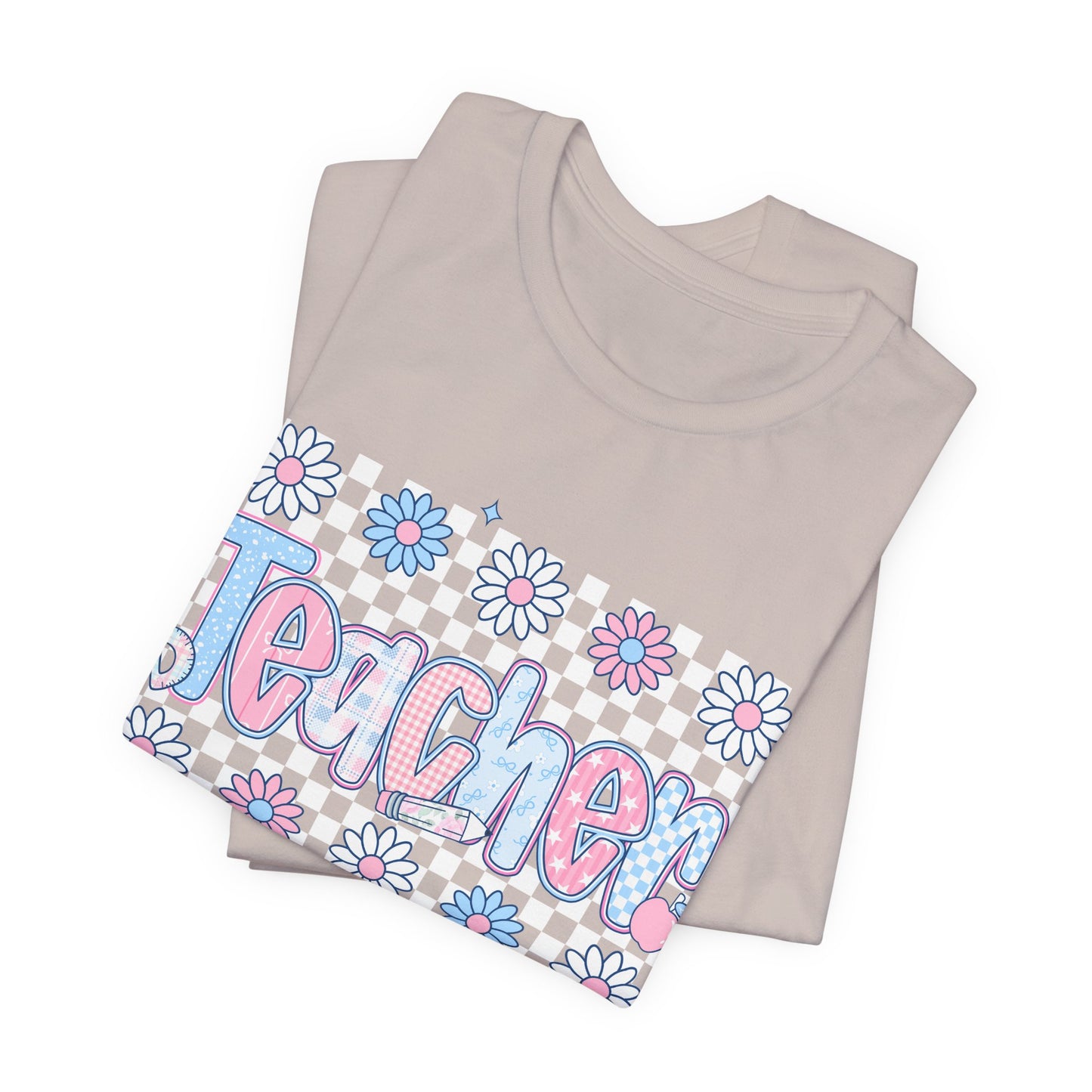 Teacher Daisy Graphic Tee – Cute Pink & Blue Floral Classroom Shirt