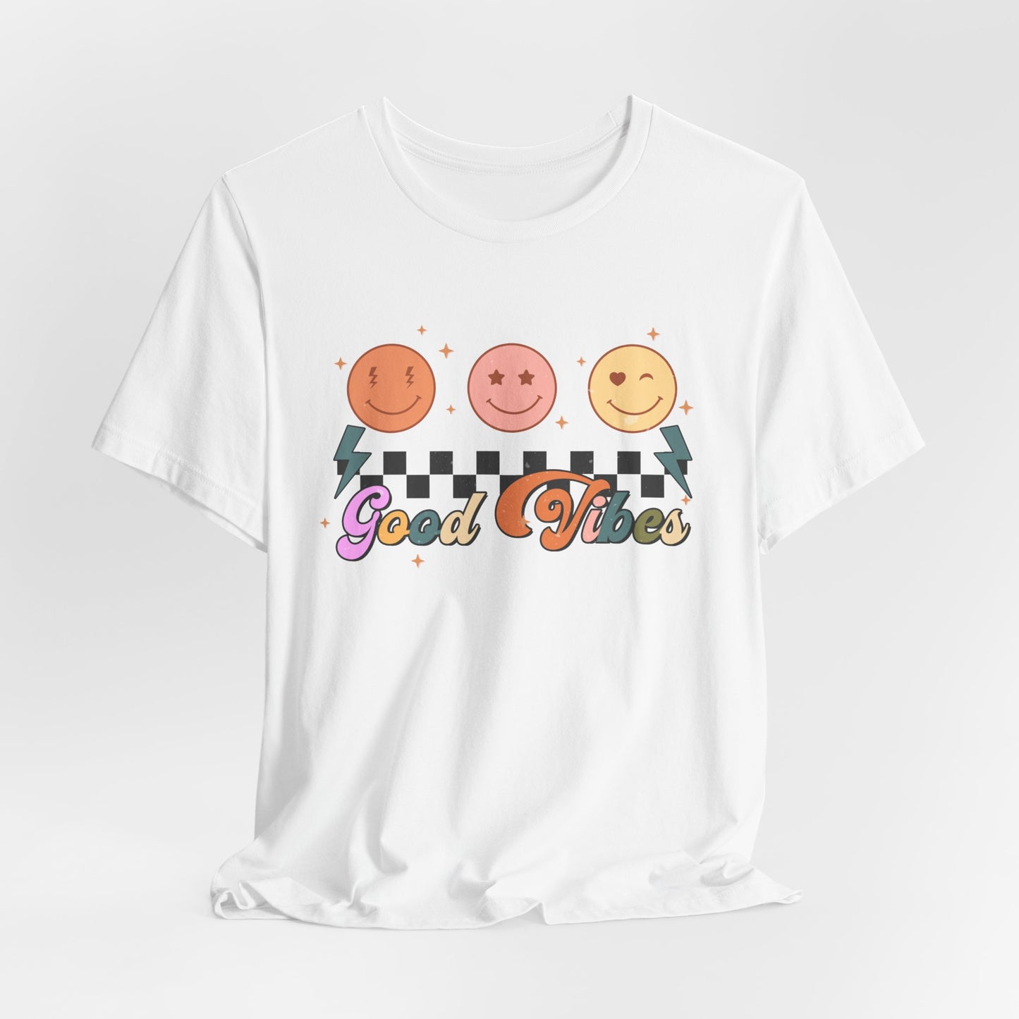 Good Vibes Smiley Tee — Retro Checkerboard Positive Graphic T-Shirt