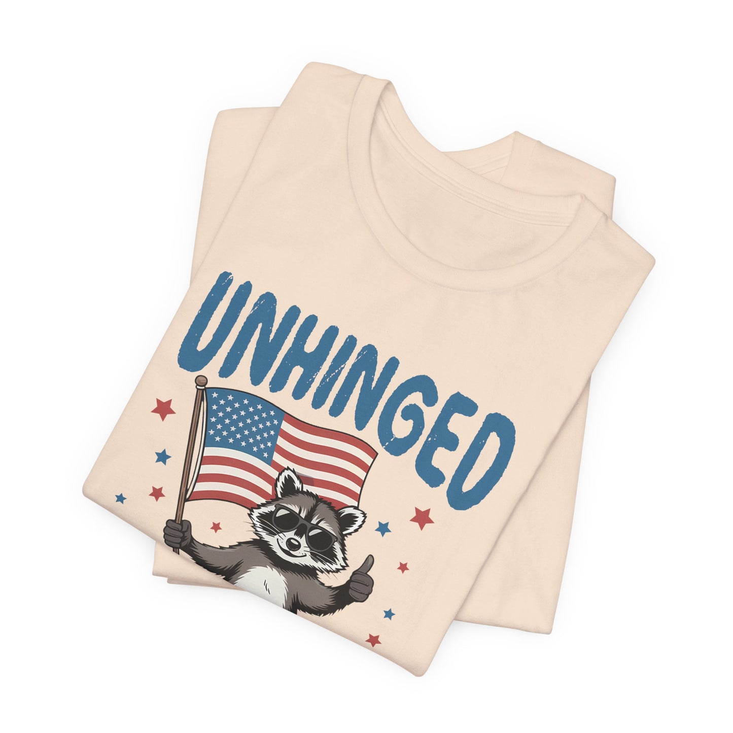 T‑Shirt — "Unhinged and Free" Raccoon American Flag Graphic Tee