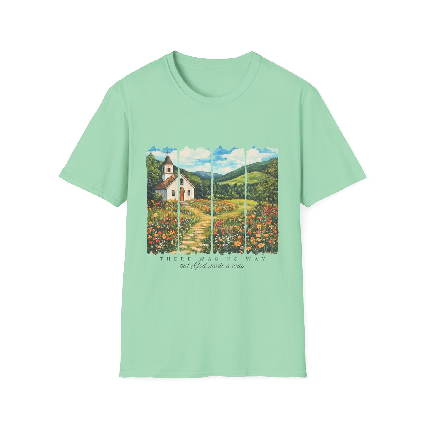 Scenic Chapel Landscape T-Shirt — Countryside Floral Mountain Art Tee