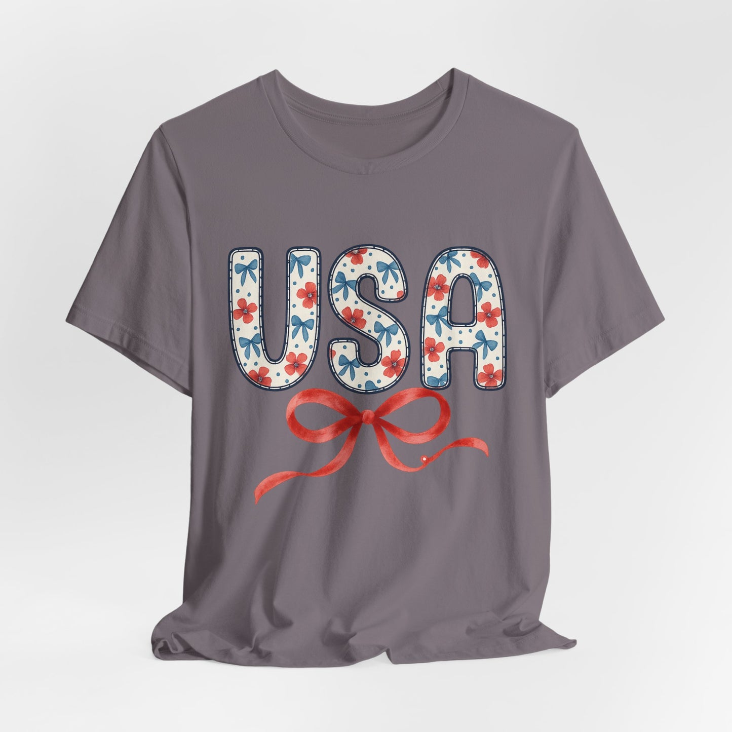 USA Floral Graphic Tee with Ribbon – 4th of July Patriotic Shirt